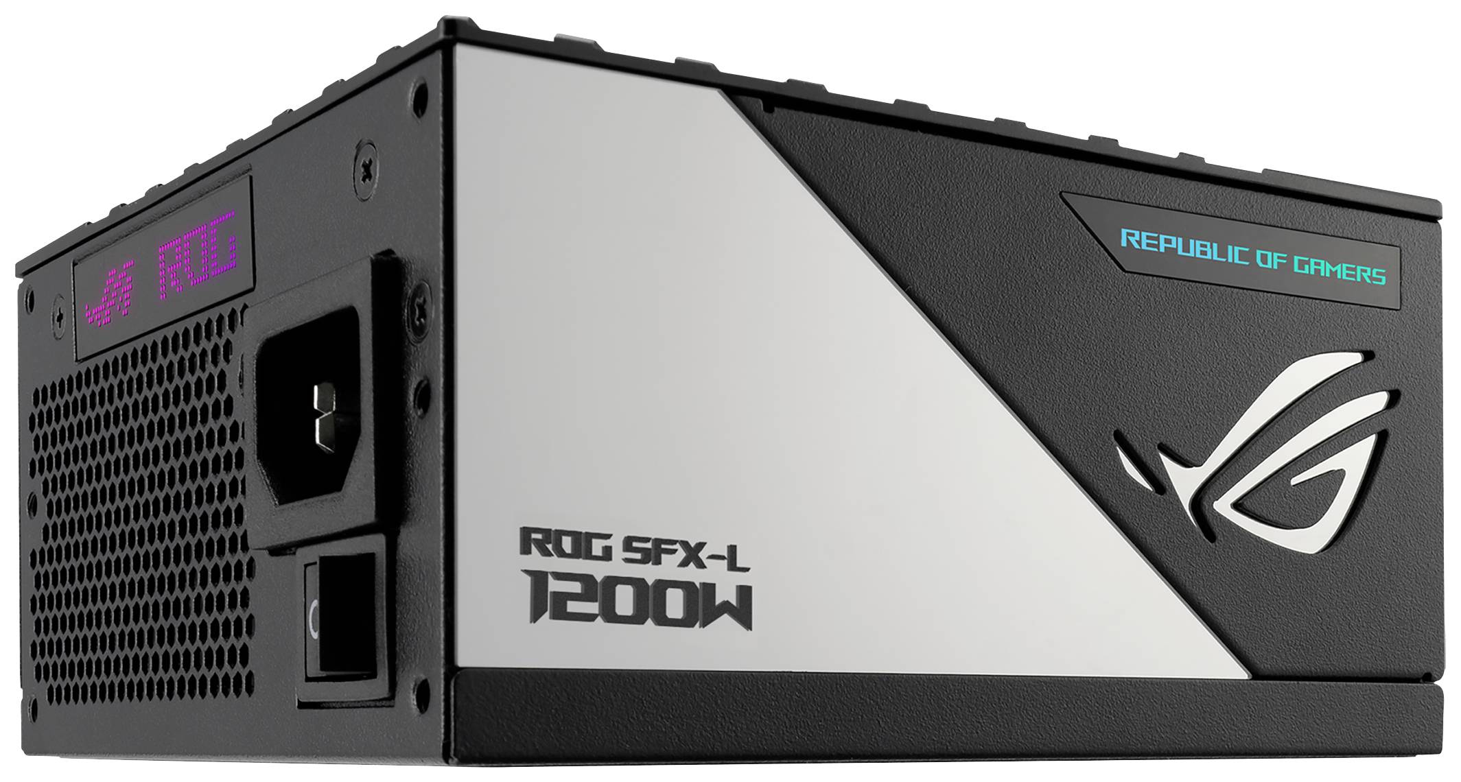 Ein Netzteil mit 'ROG SFX-L 1200W'-Aufschrift, schwarzem und weißem Design, beleuchtetem Logo und 'Republic of Gamers'-Schriftzug.