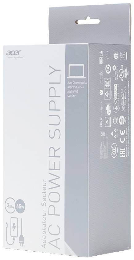 Grau-weiße Verpackung eines Netzteils für Acer-Laptops. Produktinformationen, Logos, und technische Spezifikationen sind abgedruckt.