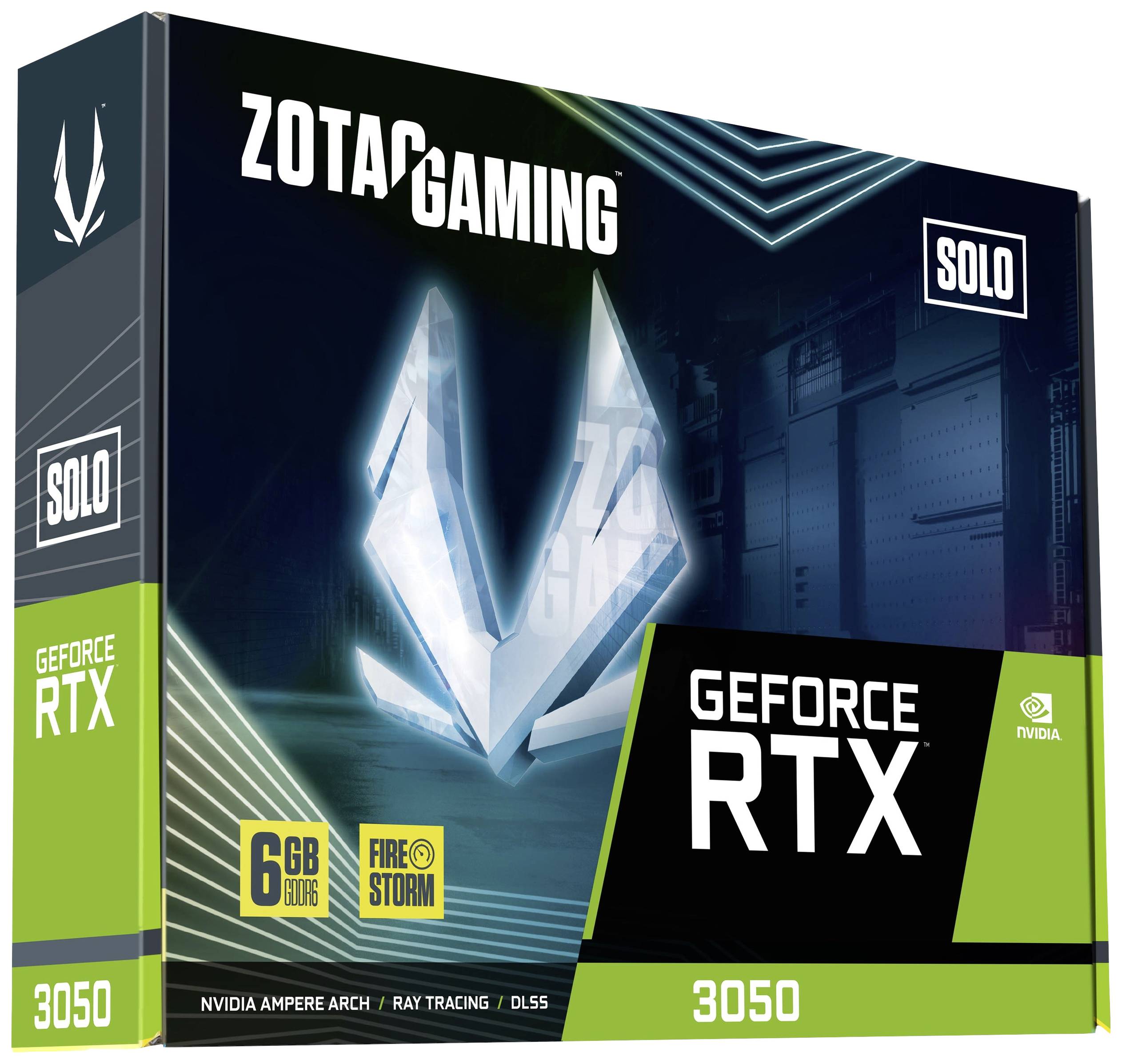 Verpackung einer ZOTAC GAMING GeForce RTX 3050 Grafikkarte, 6GB GDDR6, hervorgehobene Merkmale: NVIDIA Ampere Architektur, Ray Tracing, DLSS.