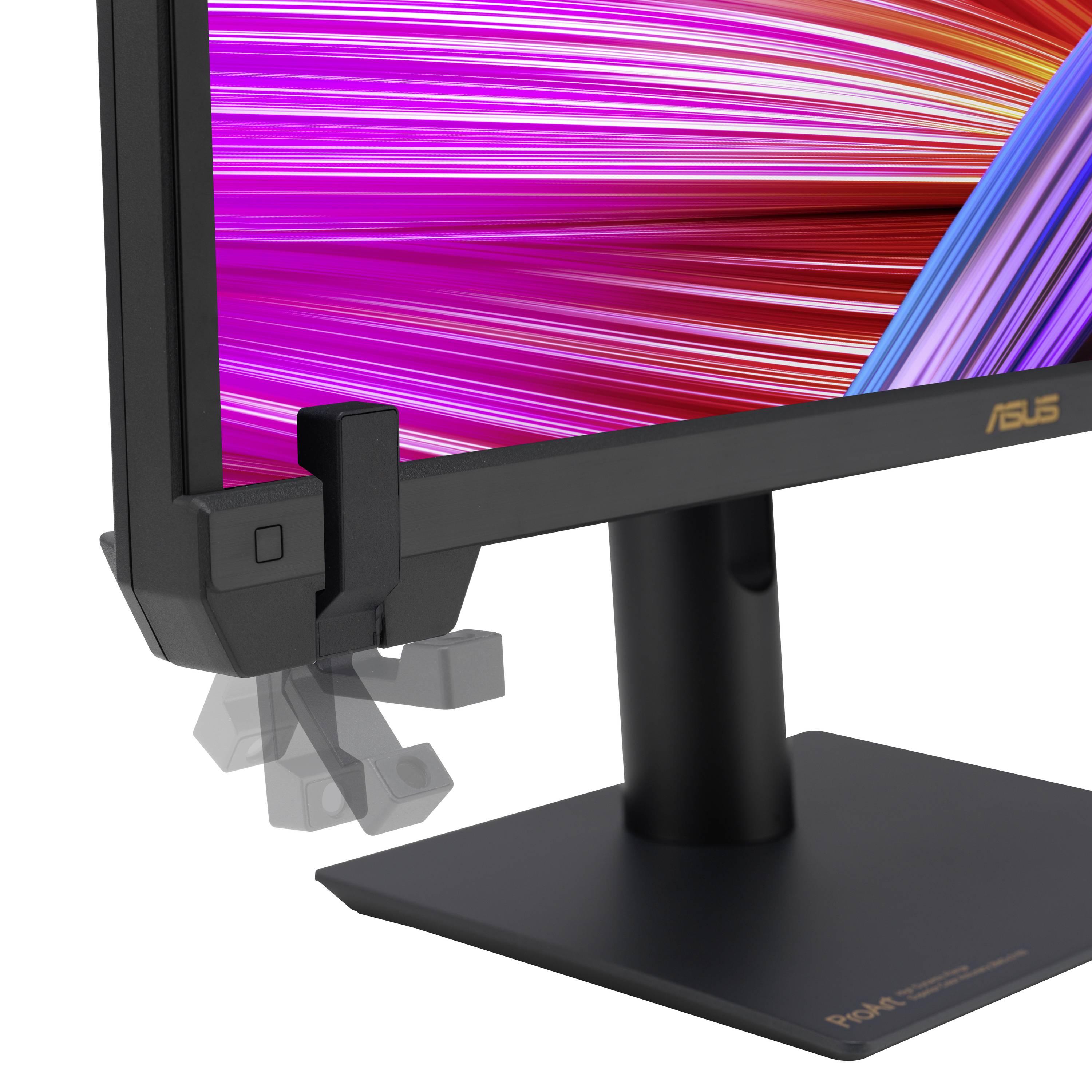 Ein ASUS-Monitor mit lebhaften, bunten Streifen auf dem Bildschirm. Montiert an einer Halterung, steht er auf einem stabilen Fuß.