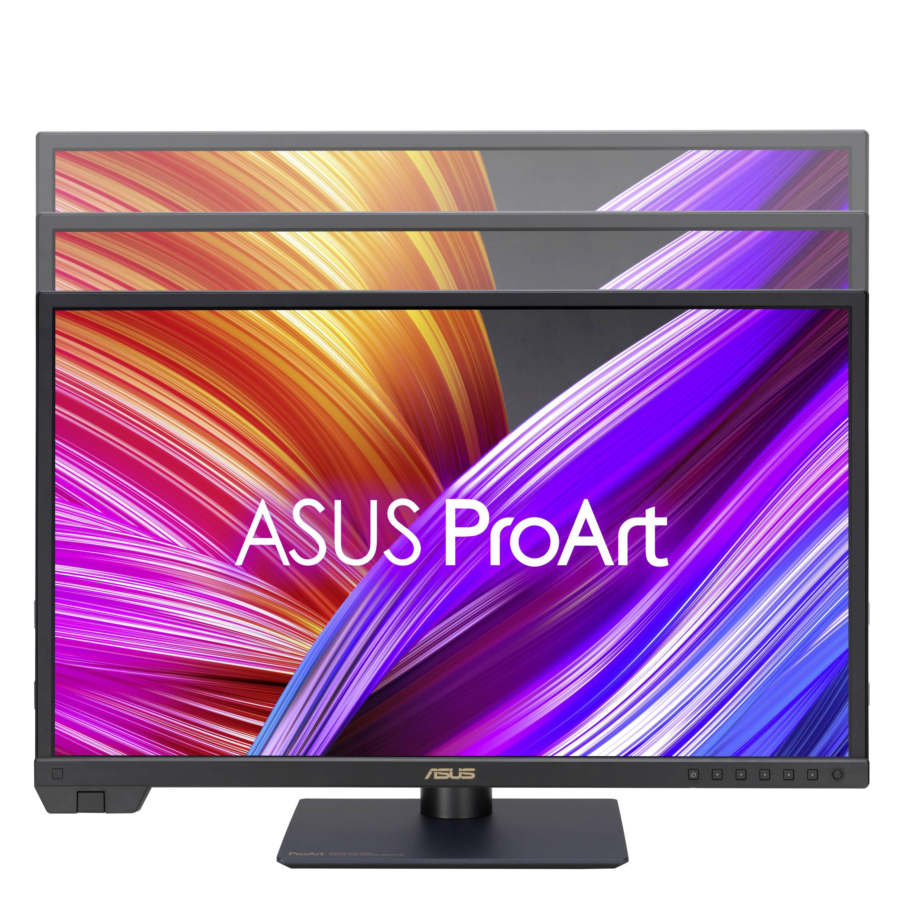 Ein ASUS ProArt Monitor mit lebhaften, bunten Wellen auf dem Bildschirm.
