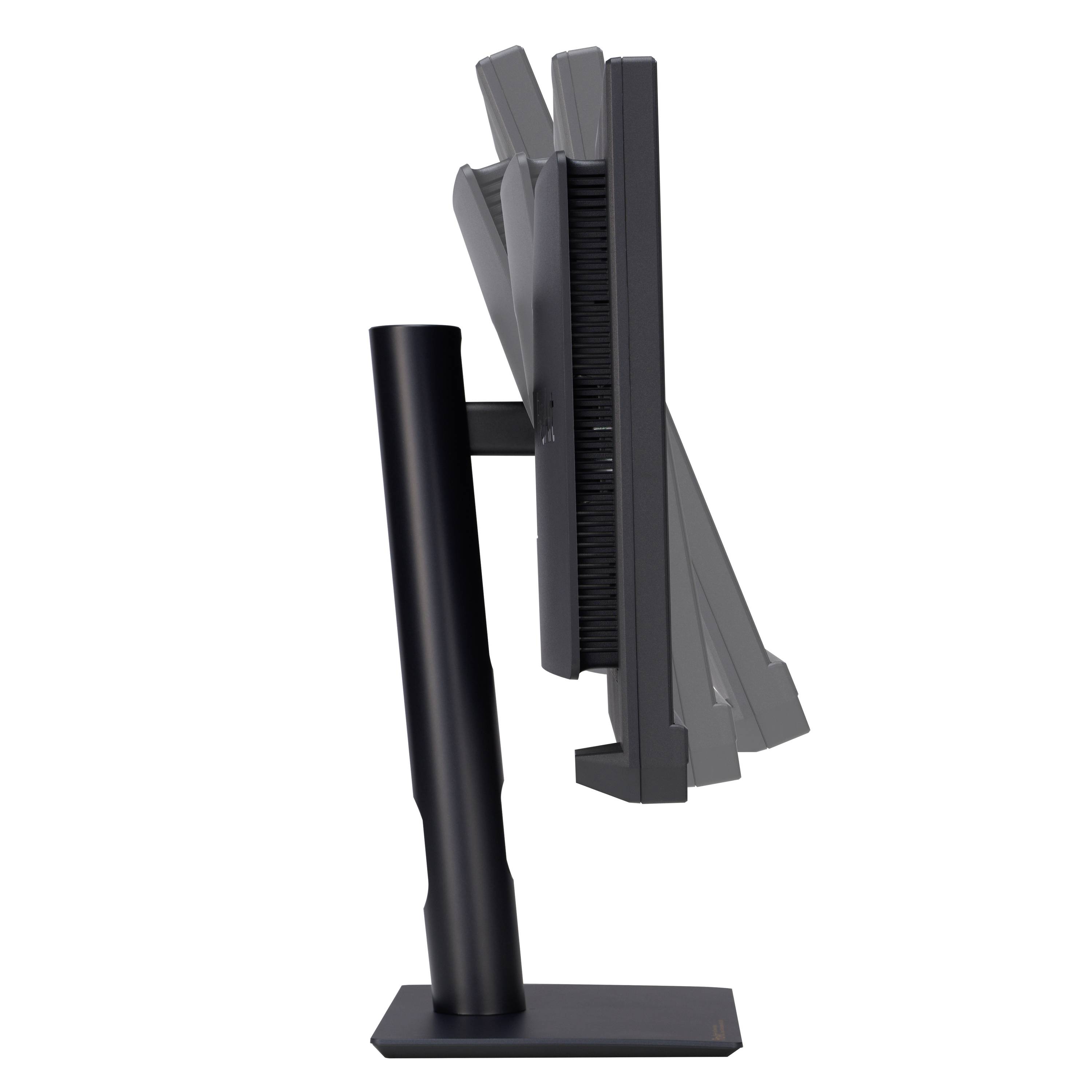 Ein Computermonitor wird von der Seite gezeigt, mit verschiedenen Neigungswinkeln dargestellt, um Flexibilität zu verdeutlichen.