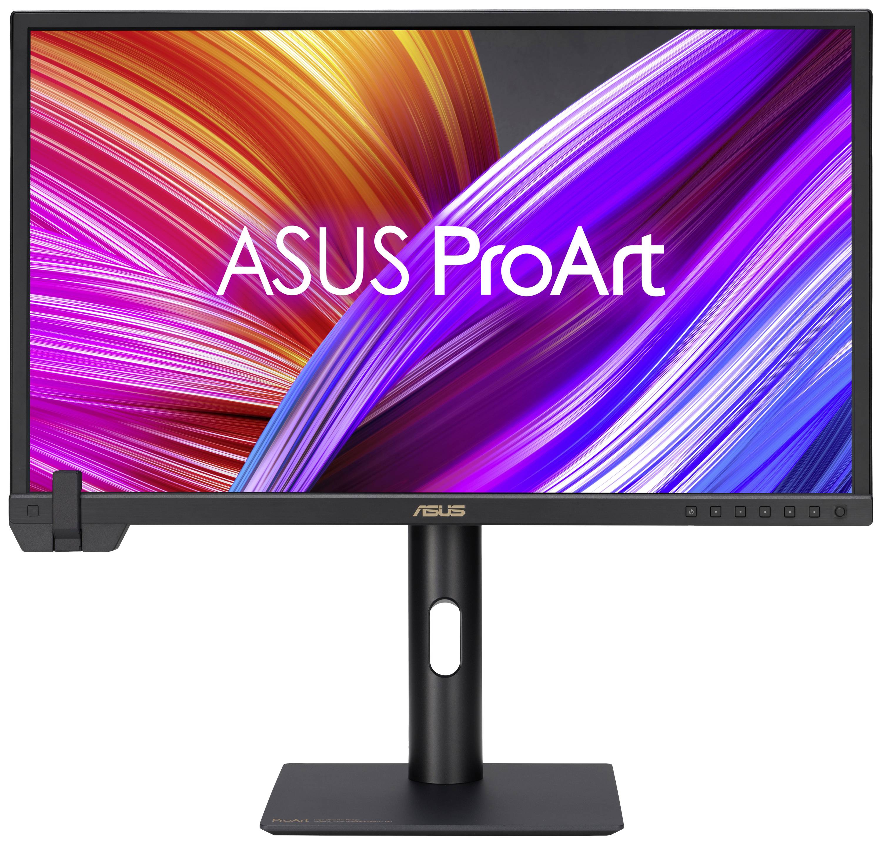 Ein ASUS ProArt Monitor mit lebhaften Farbstreifen auf dem Bildschirm. Das Gerät steht auf einem schwarzen Standfuß.
