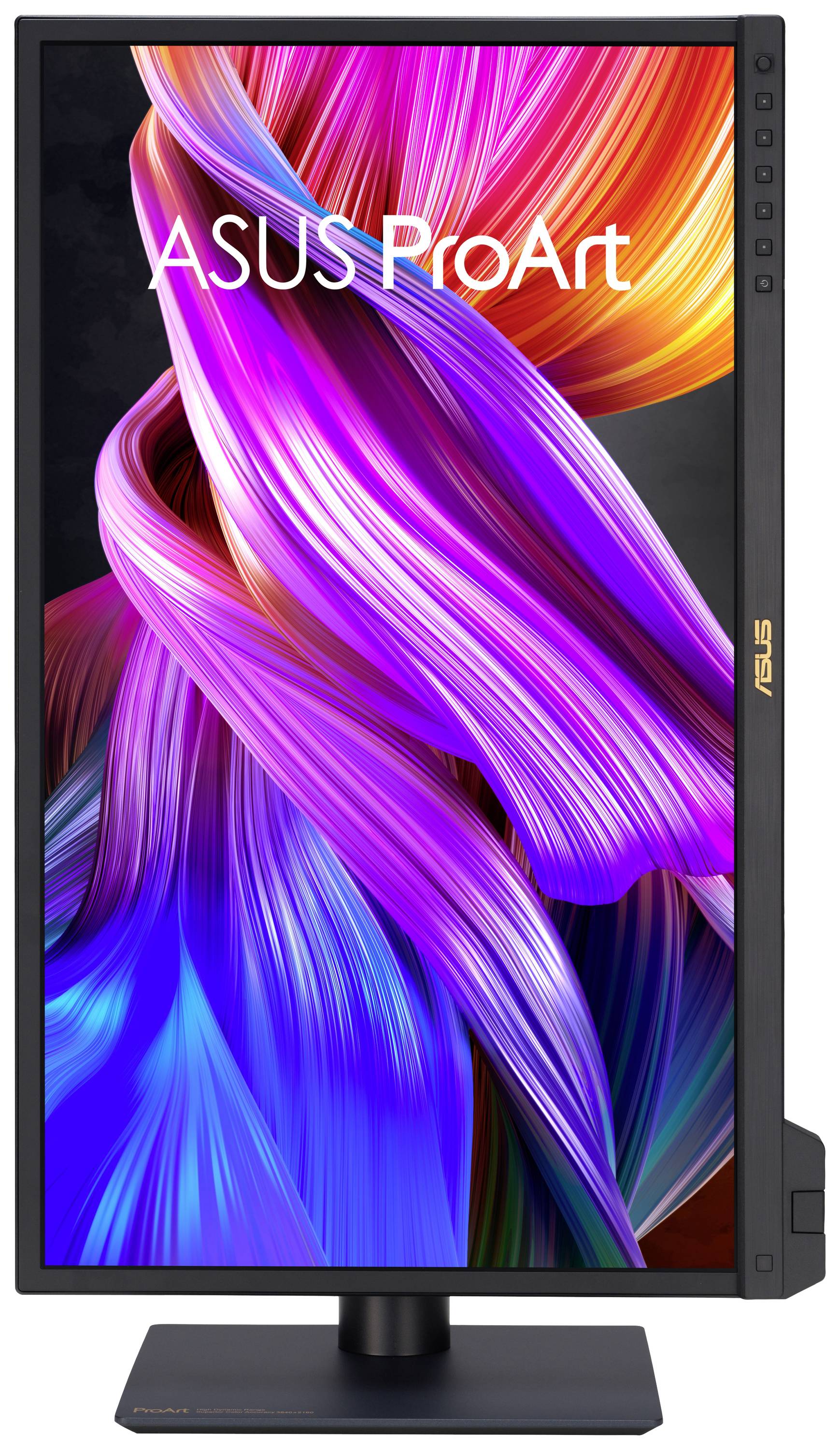 Ein ASUS ProArt Monitor im Hochformat zeigt lebendige, abstrakte Farbstreifen in Rosa, Lila und Blau.