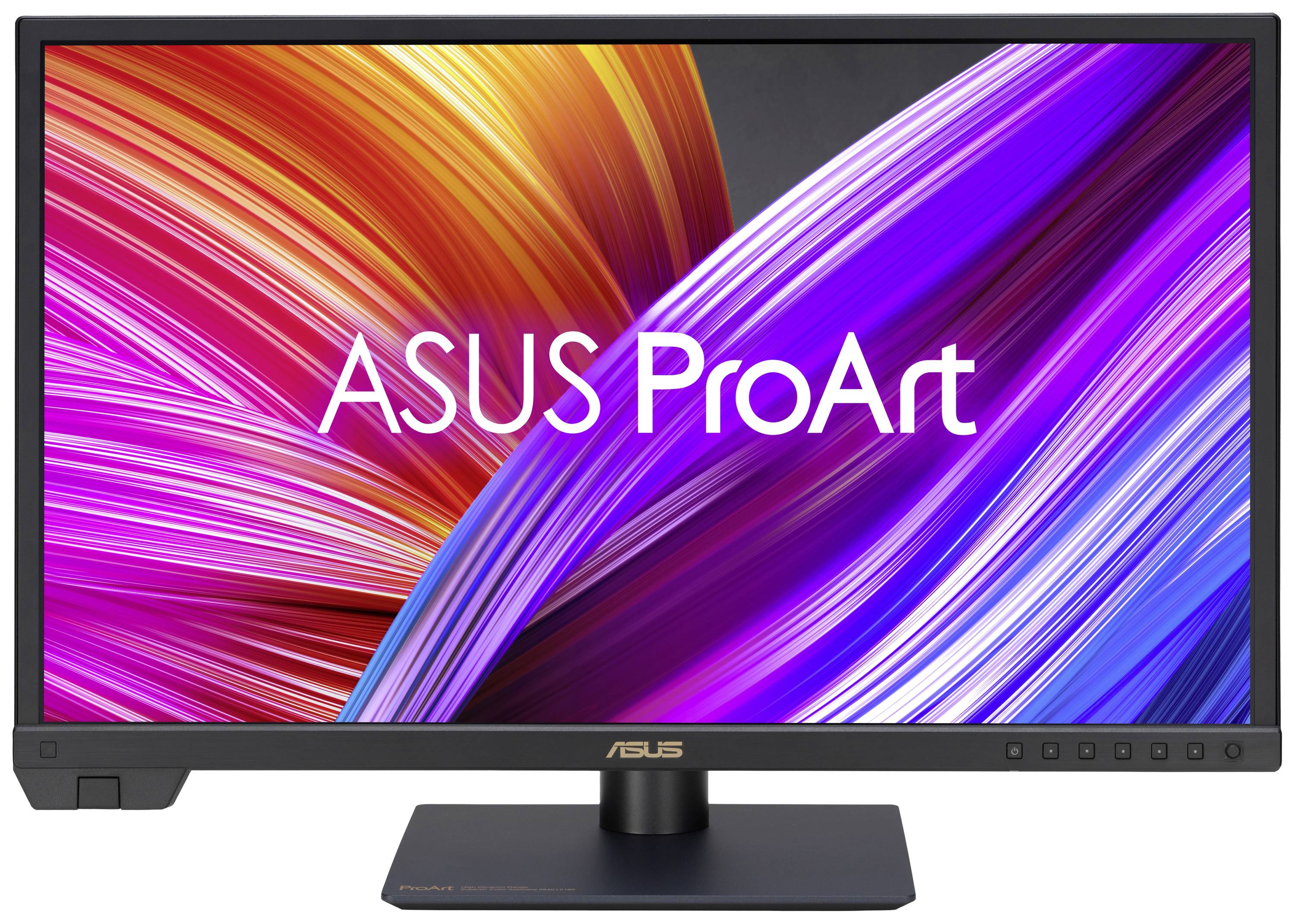 Ein ASUS ProArt Monitor mit einem farbenfrohen Hintergrund aus geschwungenen, bunten Linien in Lila, Orange und Blau.