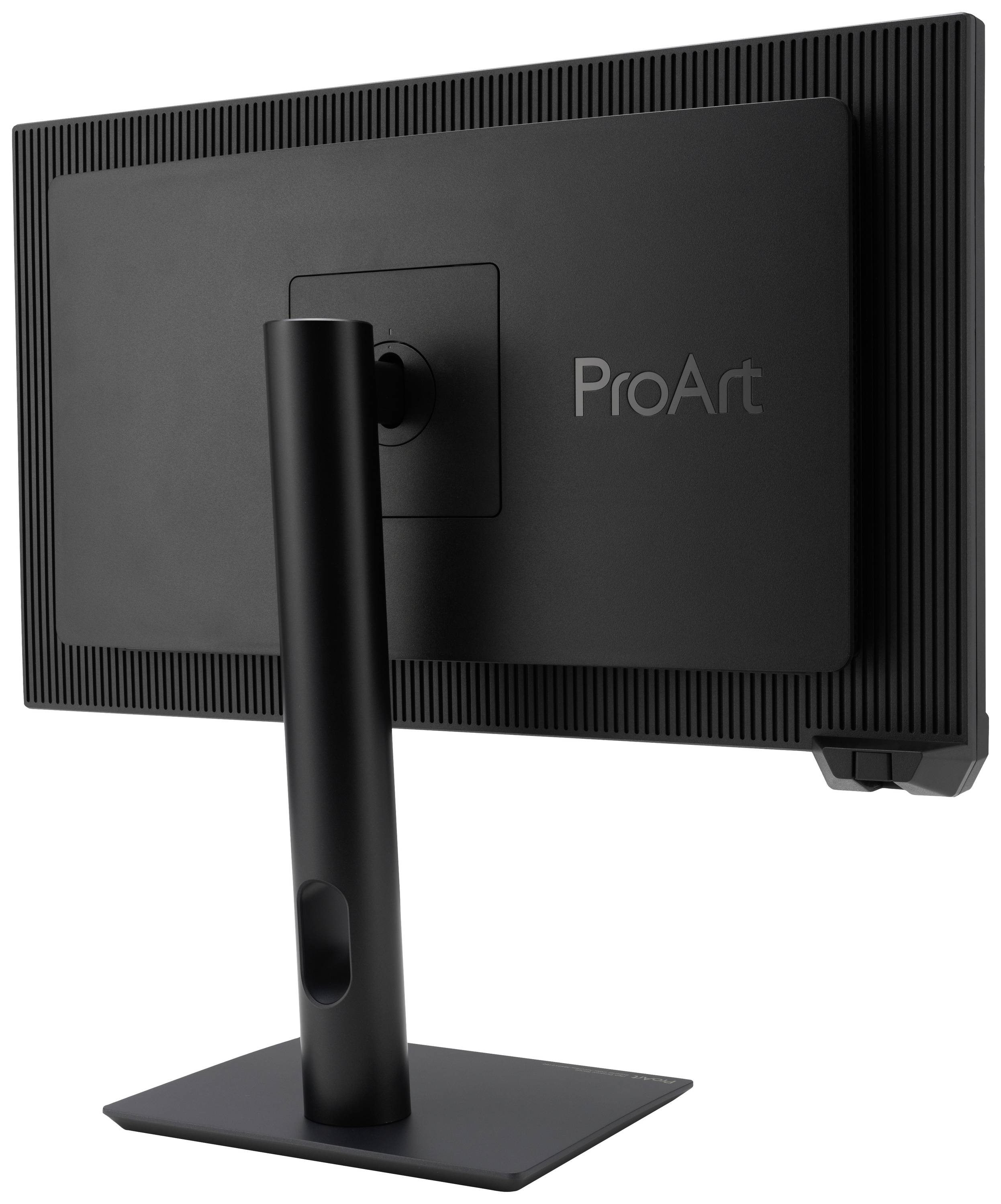 Ein Monitor von hinten, Markenname 'ProArt', mit einem stabilen schwarzen Standfuß und gerippter Rückseite.