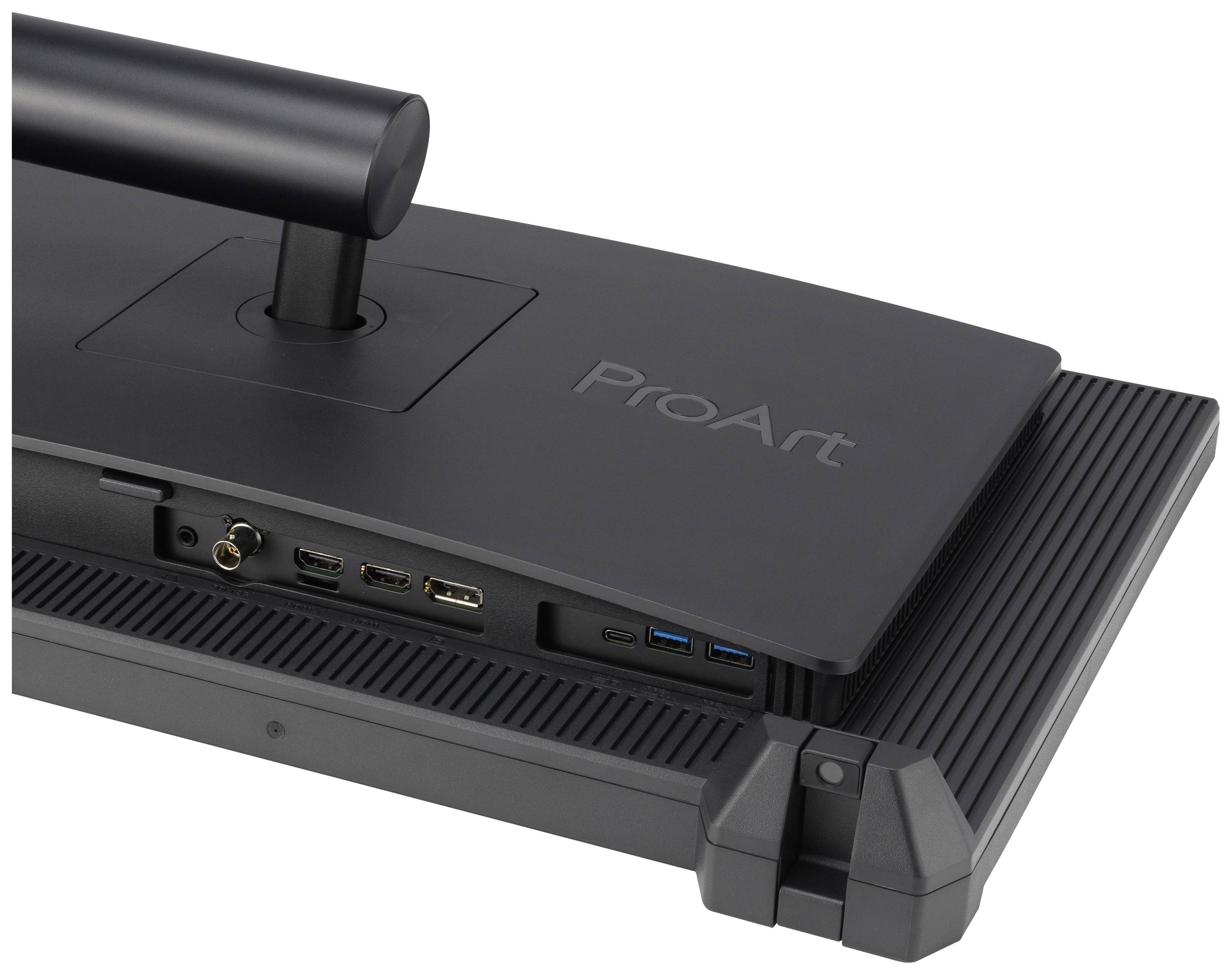 Monitor-Rückseite mit verschiedenen Anschlüssen, darunter HDMI, DisplayPort, USB und Audio.