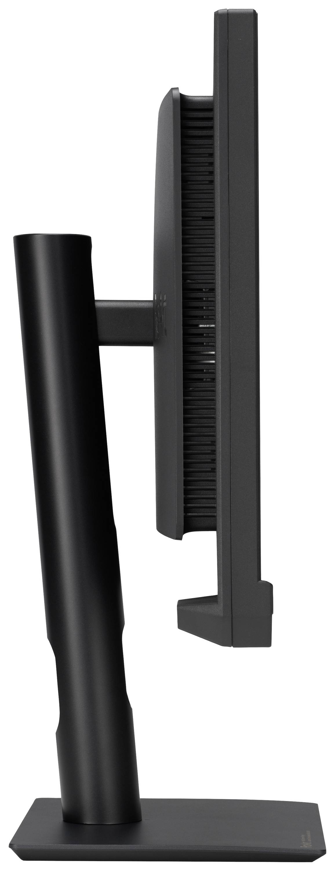 Ein schwarzer Computermonitor von der Seite, zeigt einen stabilen Standfuß.