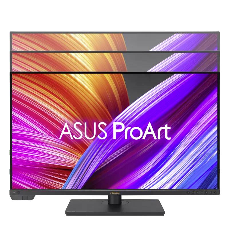 Ein ASUS ProArt-Monitor mit lebhaftem Hintergrund aus orange, lila und pinken Linien, der für kreative Profis gestaltet wurde.