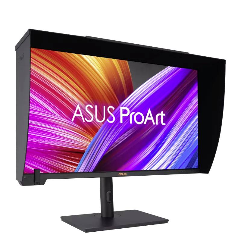 Ein ASUS ProArt Computermonitor mit farbintensivem Bildschirm und integriertem Blendschutz, ideal für kreative Arbeiten.