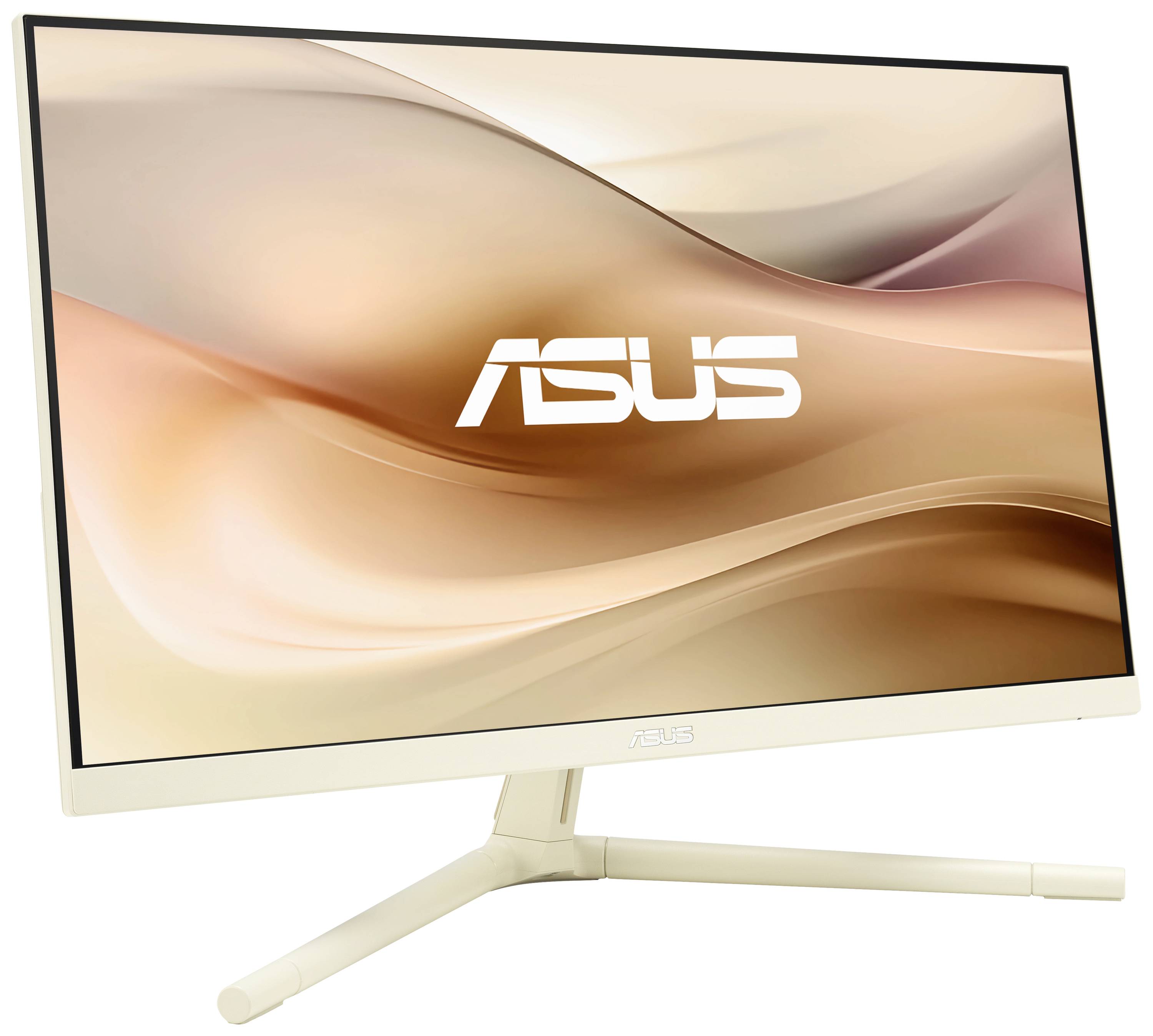 Ein moderner Computermonitor auf einem Standfuß zeigt das Logo 'ASUS' auf einem abstrakten beige-rosa Hintergrund.