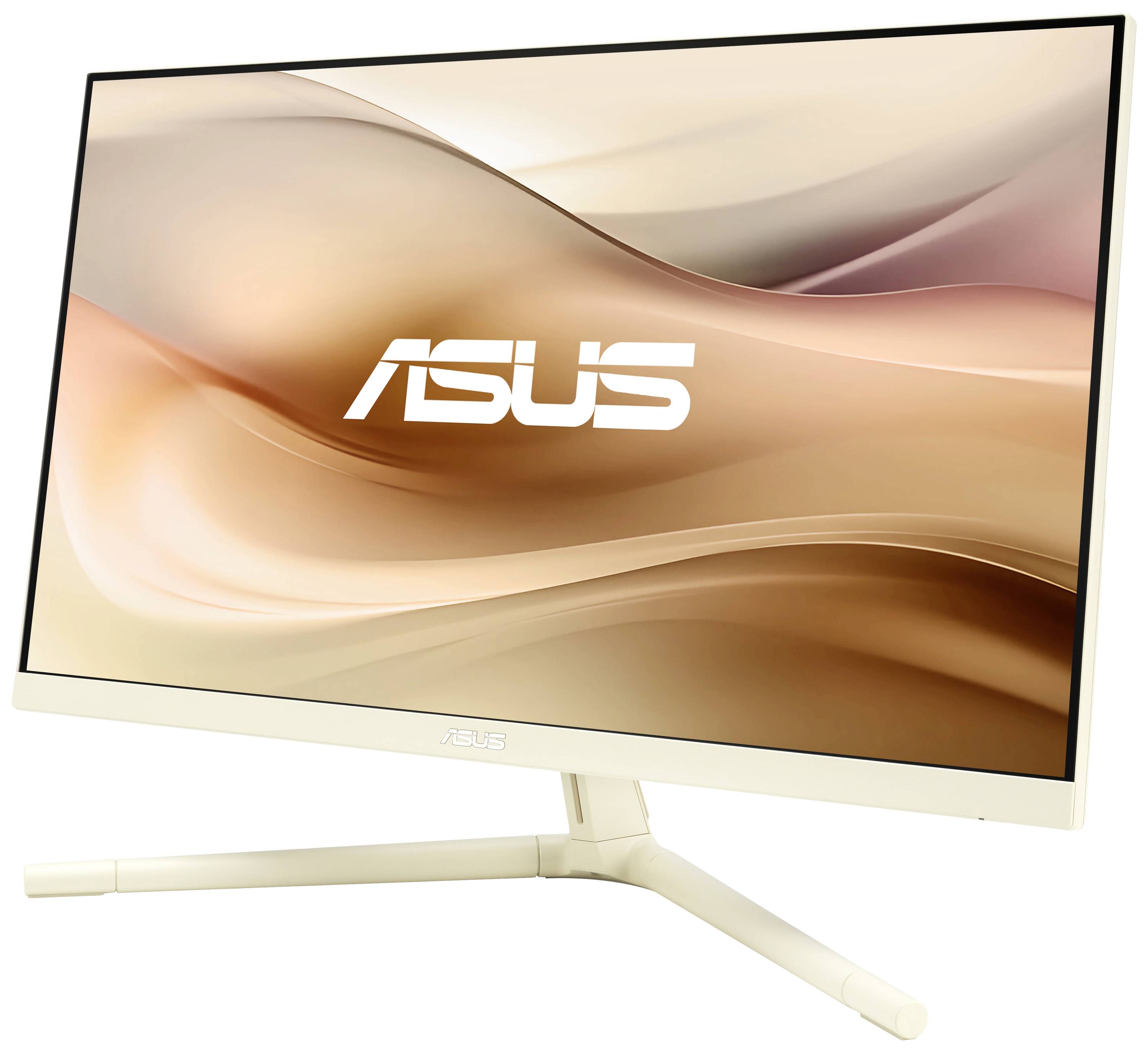 Ein weißer Asus-Monitor mit schlankem Design und einem wellenförmigen Hintergrund auf dem Bildschirm ist von der Seite zu sehen.