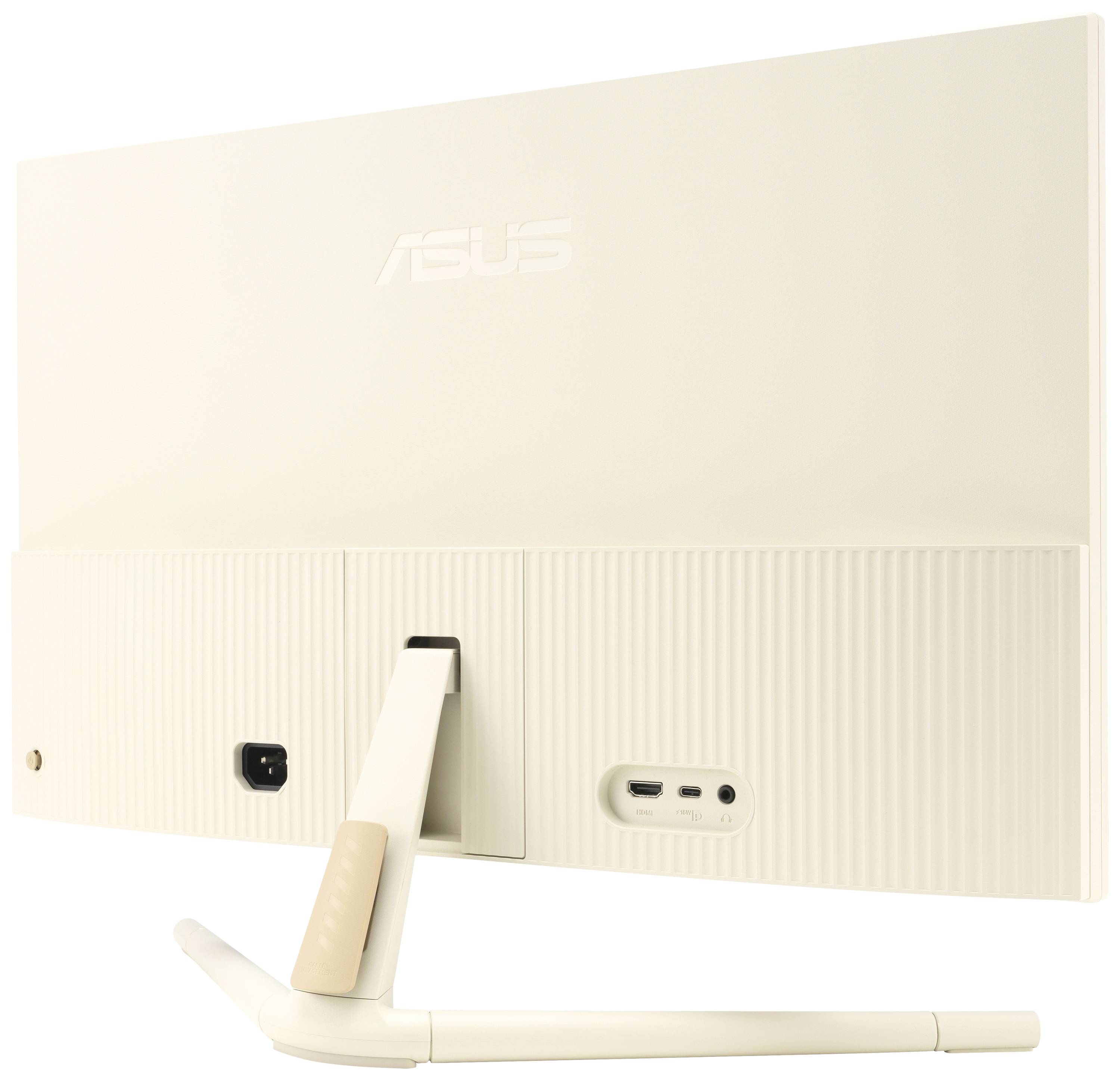 Rückseite eines weißen Computerbildschirms mit Markenlogo, USB- und HDMI-Anschlüssen, sowie einem schlanken, schräg stehenden Ständer.