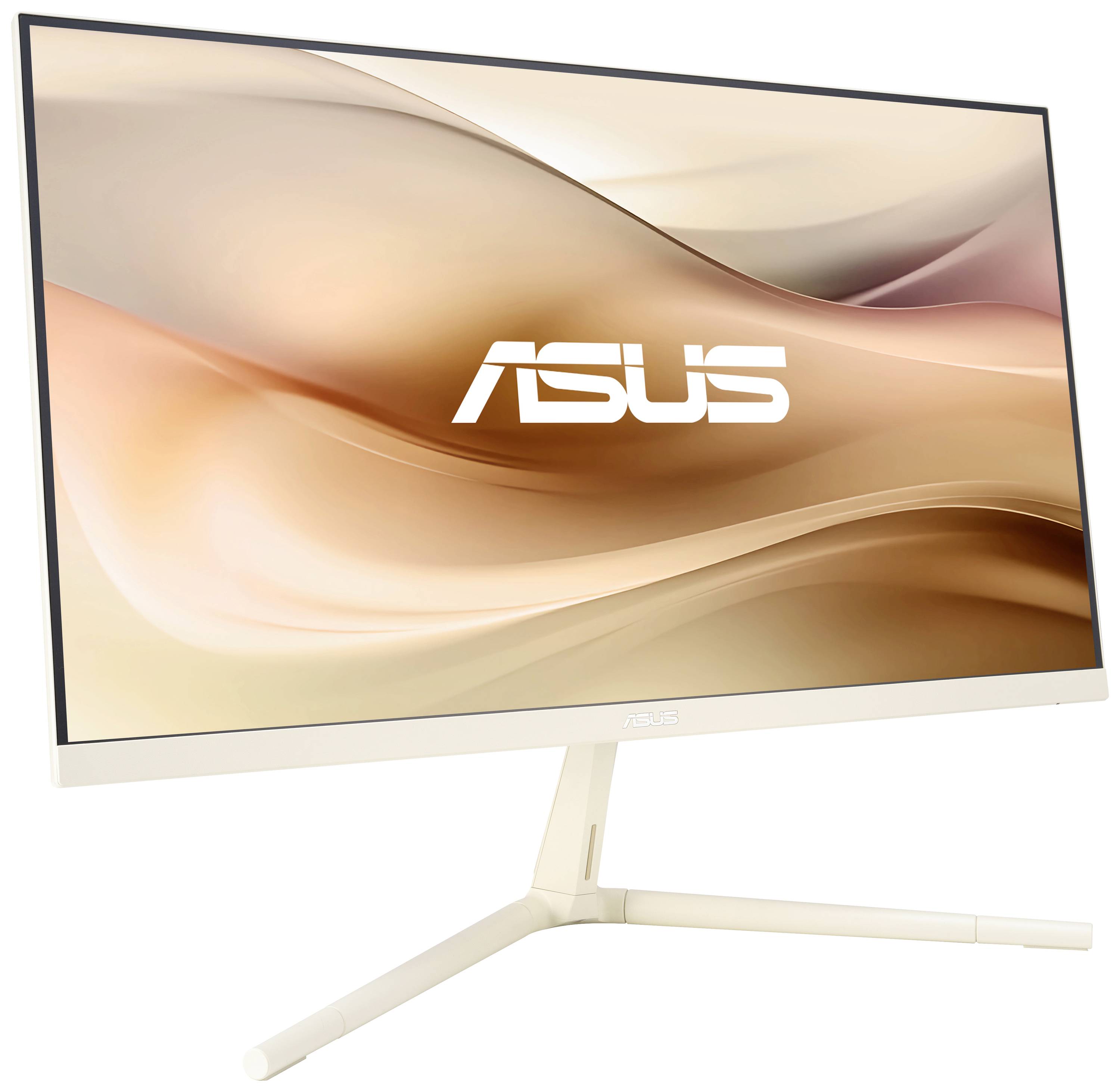 Flacher Asus-Monitor mit dünnem Rand, zeigt ein abstraktes Hintergrundbild in Beige- und Goldtönen.