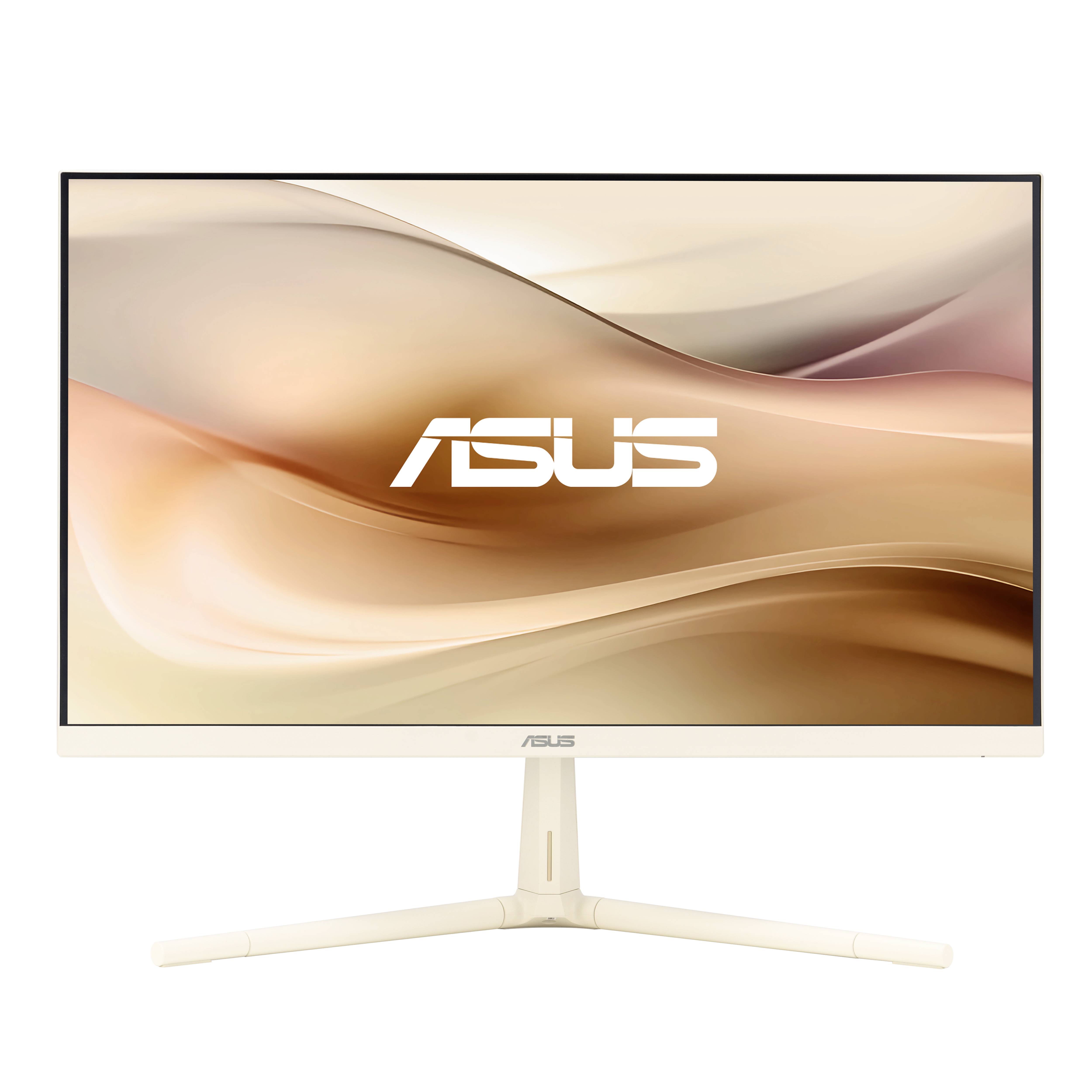 Ein Computerbildschirm von ASUS, Modellnummer VZ239Q, mit einem schlanken Design und einem schmalen Rand, auf einem weißen Standfuß montiert.
