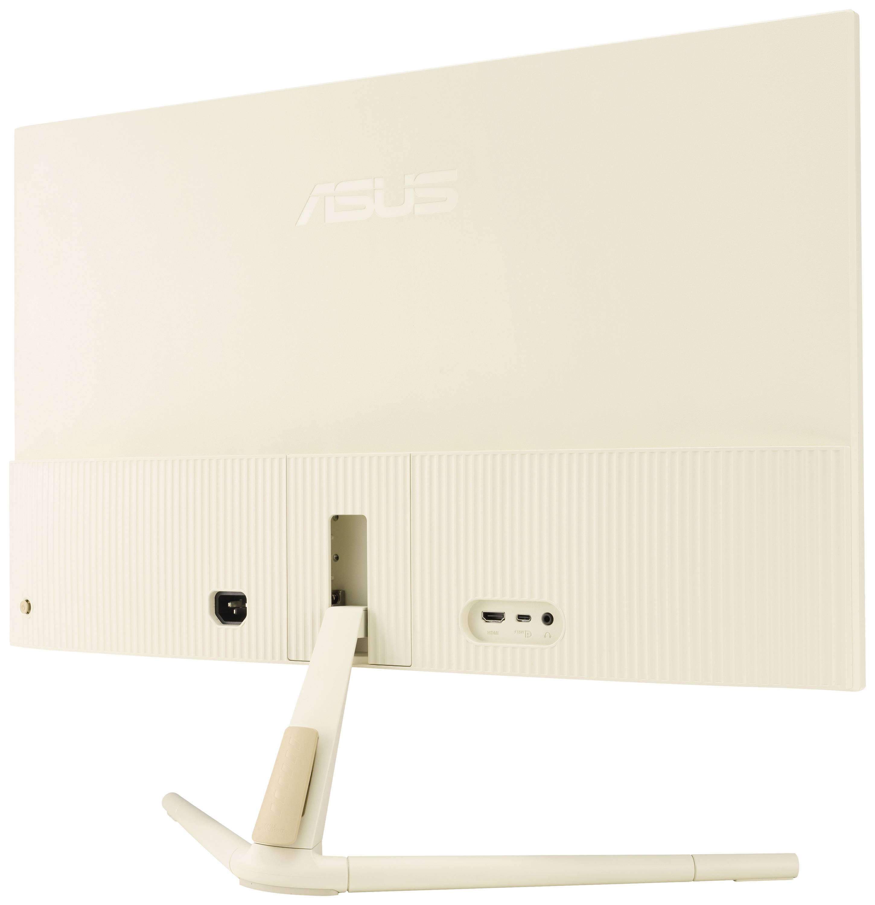 Rückansicht eines beigen Monitors mit Anschlussmöglichkeiten und Standfuß.