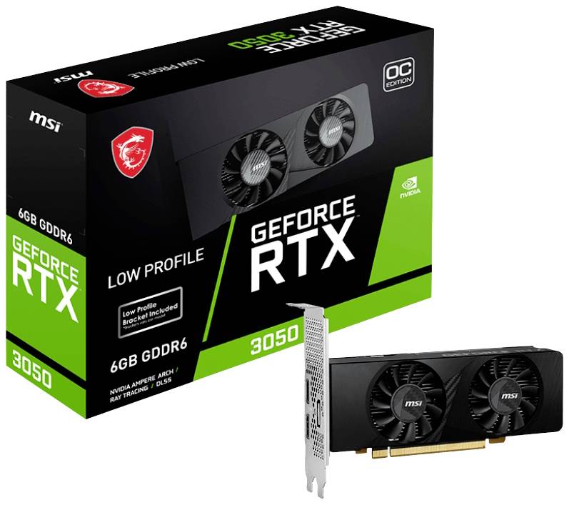 'MSI GeForce RTX 3050 Grafikkarte' mit 6GB GDDR6, zwei Lüftern, Low-Profile-Design, geeignet für Gaming und anspruchsvolle Anwendungen.