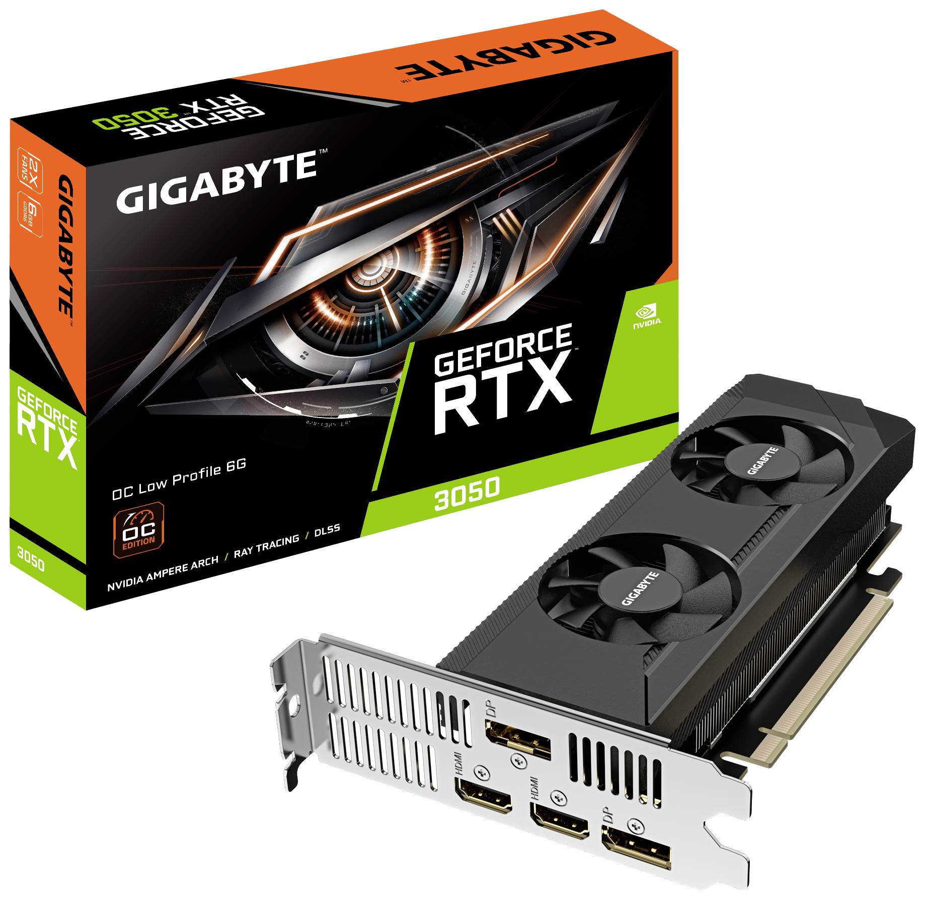 Grafikkarte Gigabyte GeForce RTX 3050 vor ihrer Verpackung. Auf der Verpackung sind Logos für 'OC Low Profile 8G', Ampere-Architektur und Ray Tracing.