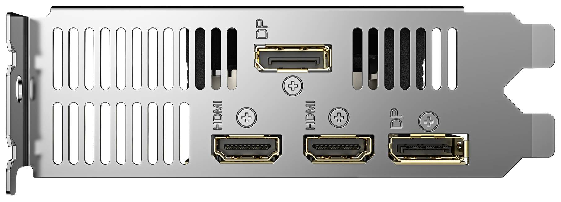 Rückseite einer Grafikkarte mit zwei DisplayPort- und zwei HDMI-Anschlüssen, geeignet für die Verbindung mit Monitoren oder Fernsehern.