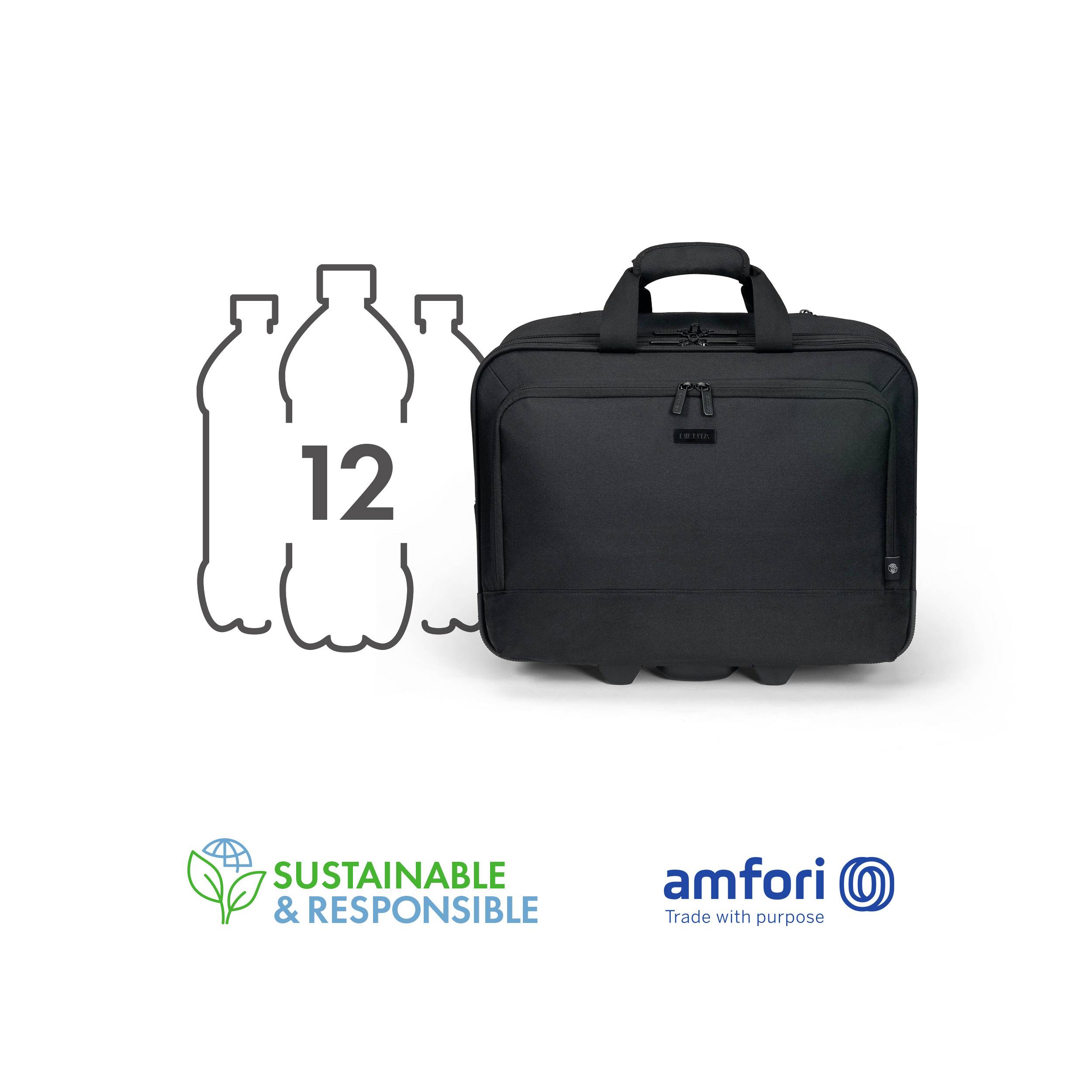 'Schwarze Laptoptasche aus 12 recycelten Plastikflaschen. Texte: 
