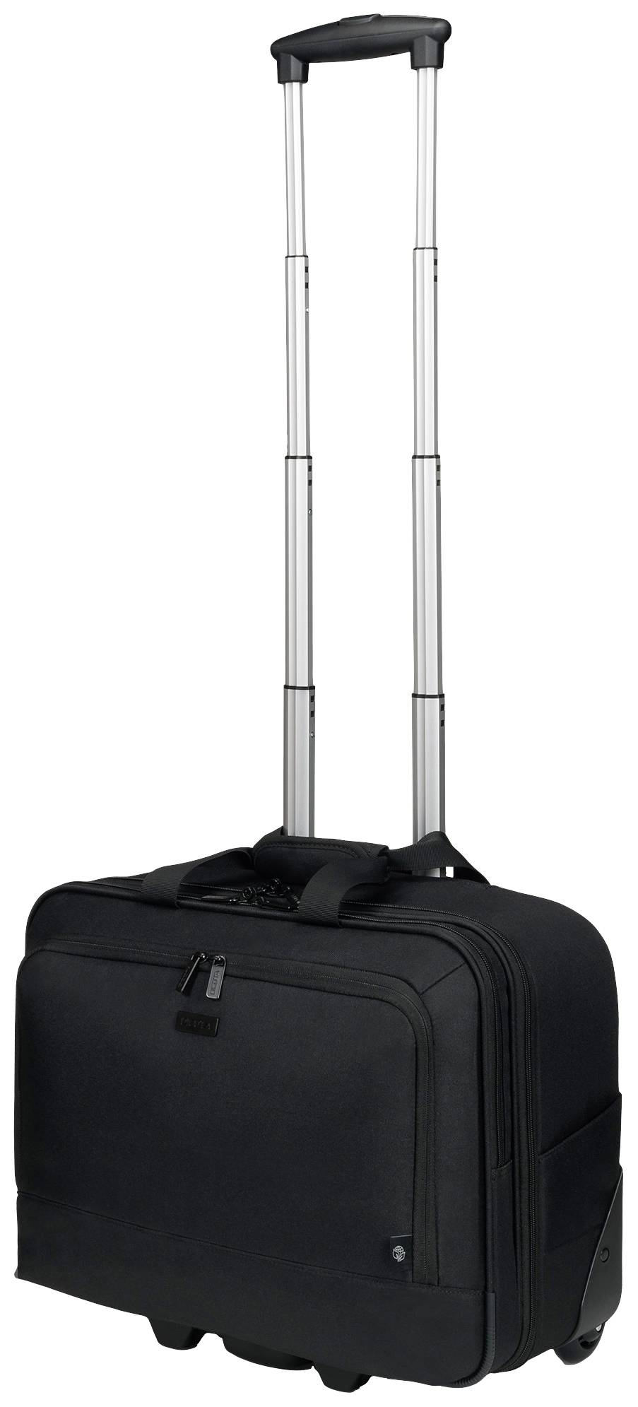 Schwarzer Rollkoffer mit ausziehbarem Griff. Geeignet für Reisen, bietet ausreichend Platz für Kleidung und persönliche Gegenstände.