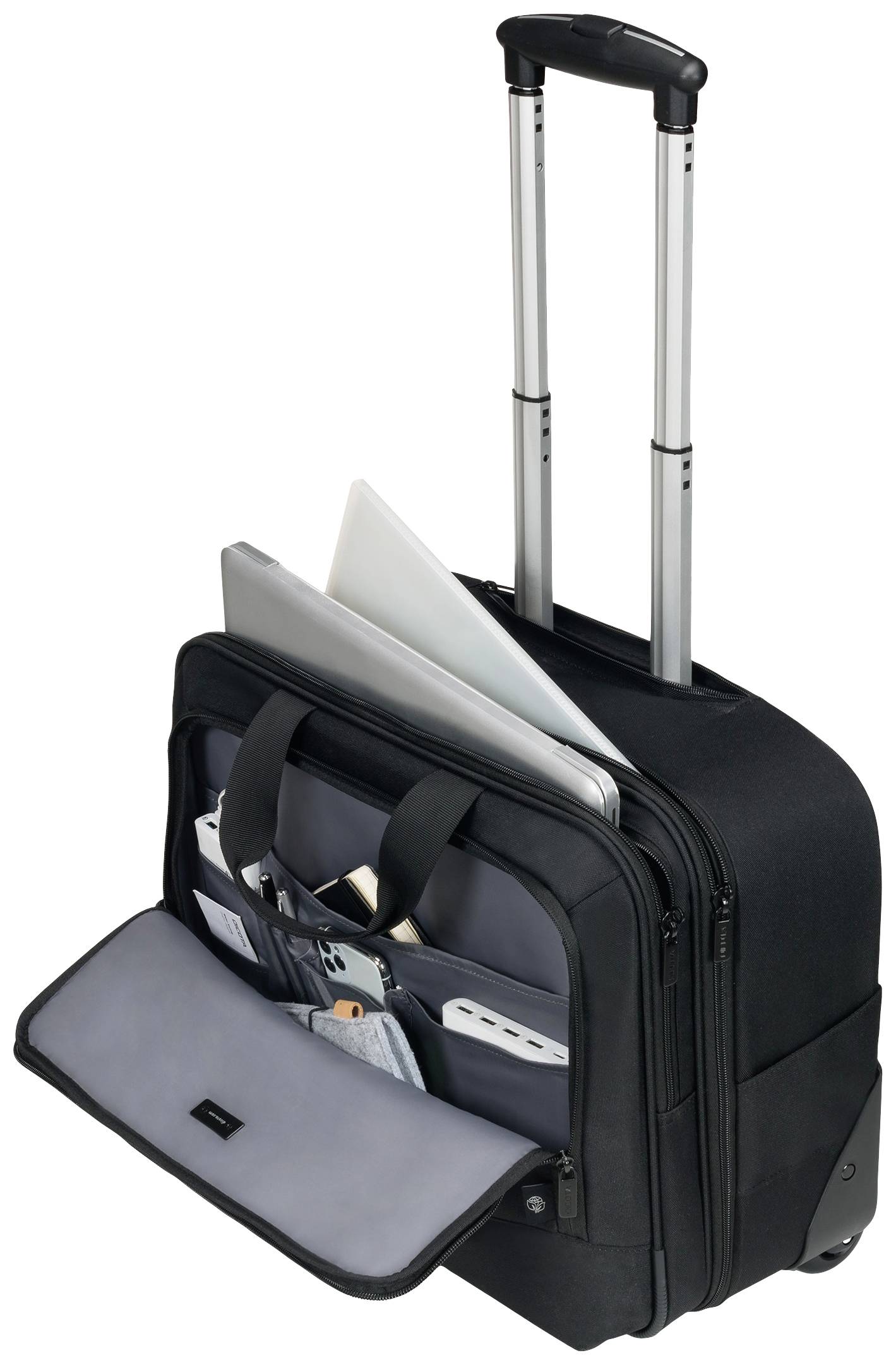 Schwarzer Trolley mit ausgezogener Griffstange, offenes Fach zeigt Laptop, Akten und Taschen für Stifte und Zubehör.