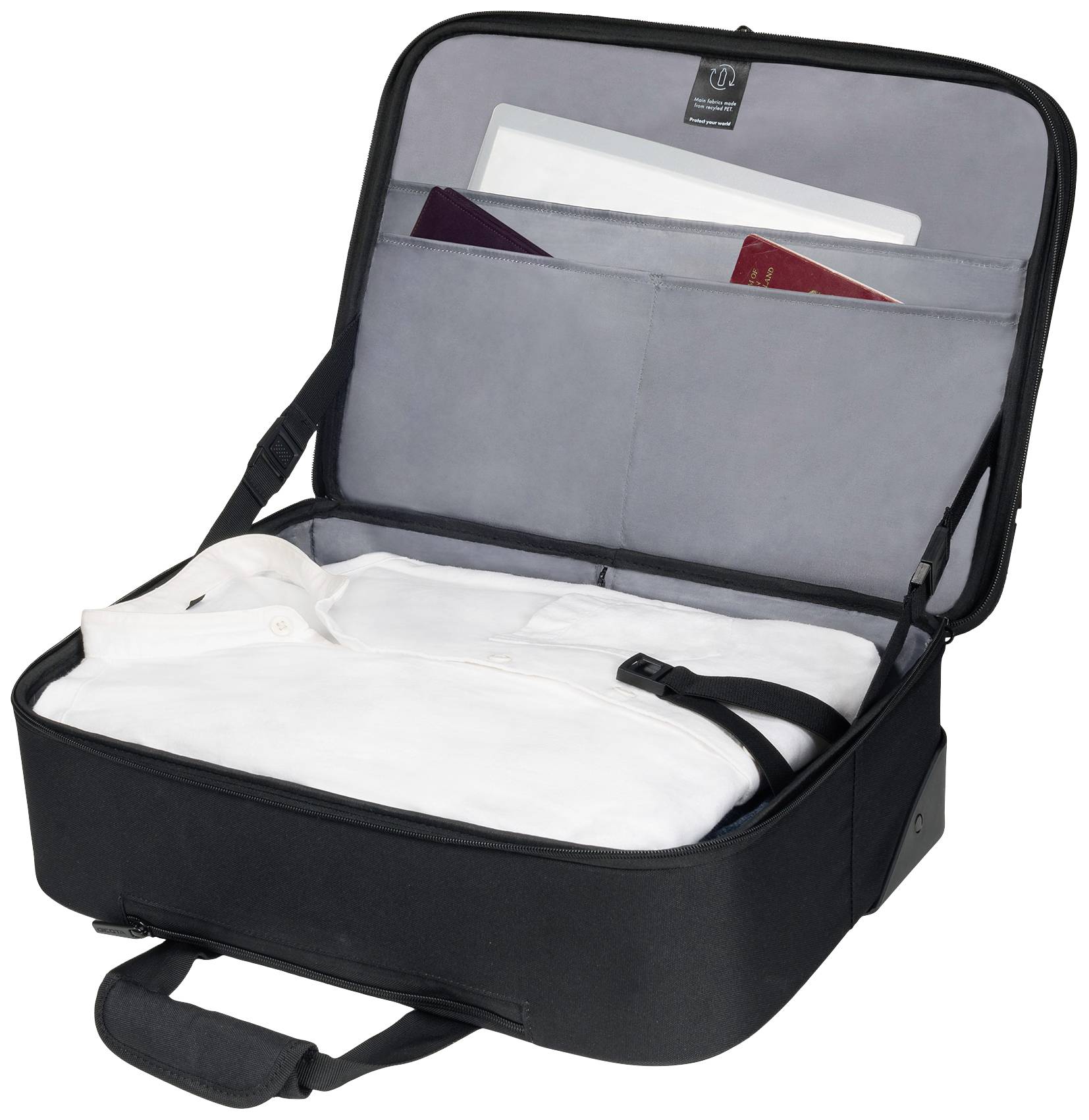 Ein offener schwarzer Koffer, gepackt mit einem weißen Hemd und Dokumenten in den Fächern. Koffer hat Handgriff und Reißverschlüsse.