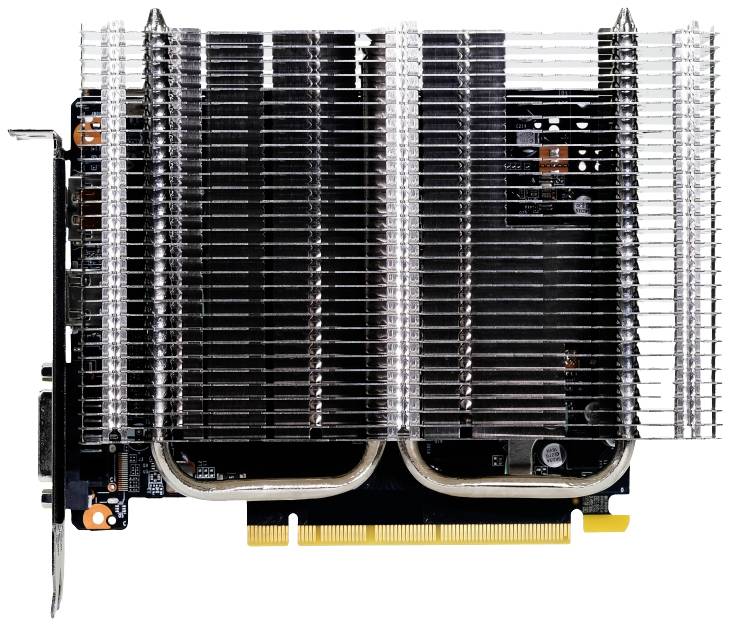 Grafikkarte mit passivem Kühler. Sichtbare Kühlrippen erstrecken sich über die gesamte Oberfläche. PCIe-Anschluss am unteren Rand.