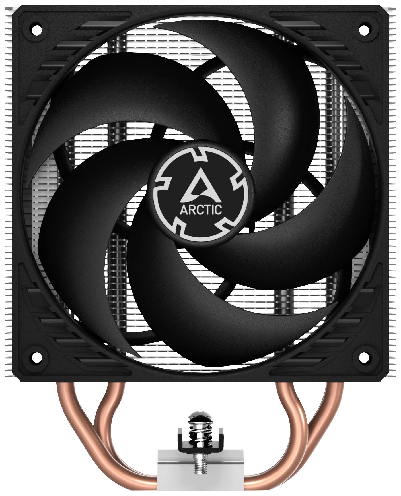 Ein CPU-Kühler mit großem Lüfter und Kupfer-Heatpipes, markiert mit dem Logo 'Arctic'. Geeignet zur Kühlung von Computerprozessoren.