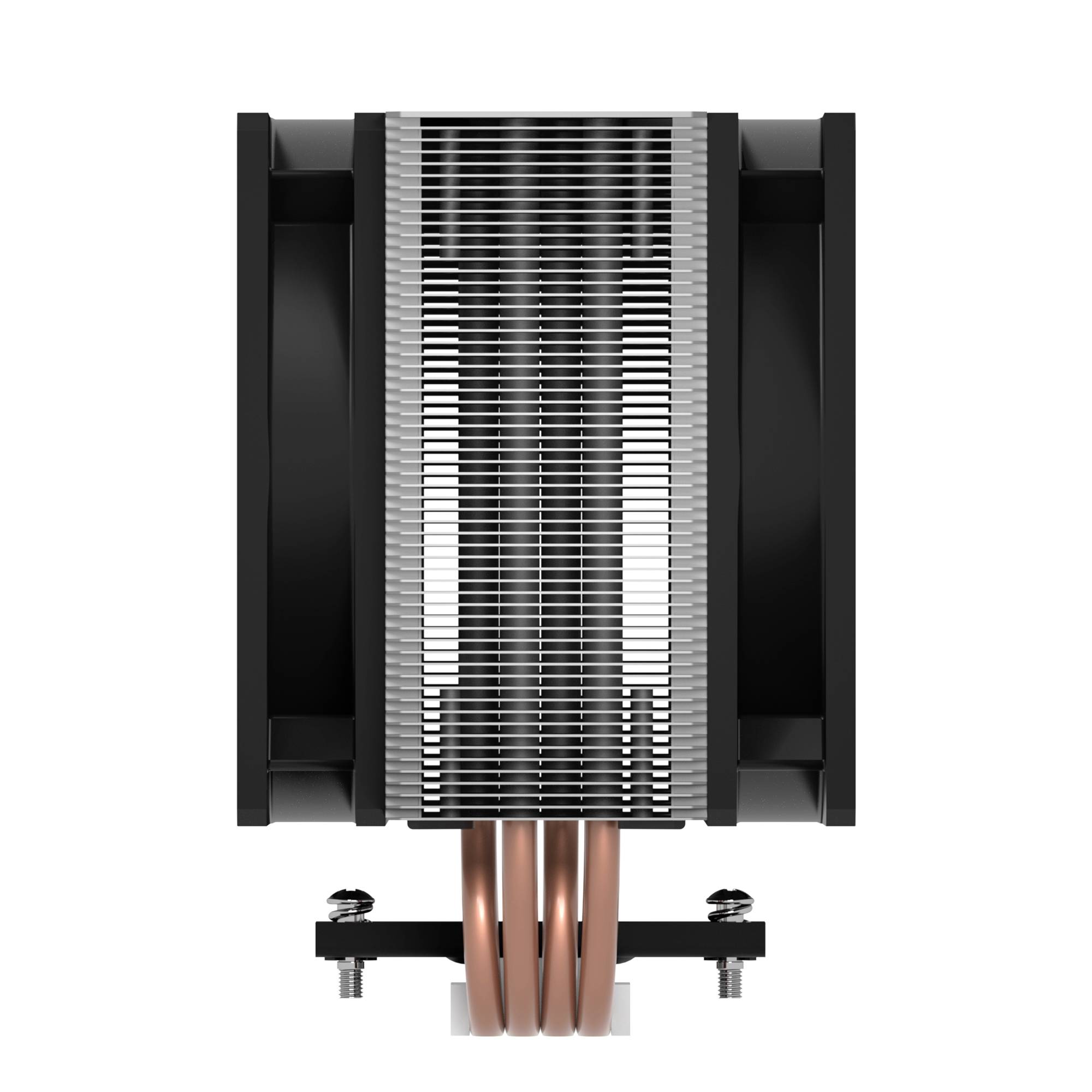 Kühlkörper mit Aluminiumlamellen und Kupfer-Heatpipes, frontal gesehen. Dient zur Wärmeableitung in Computern.