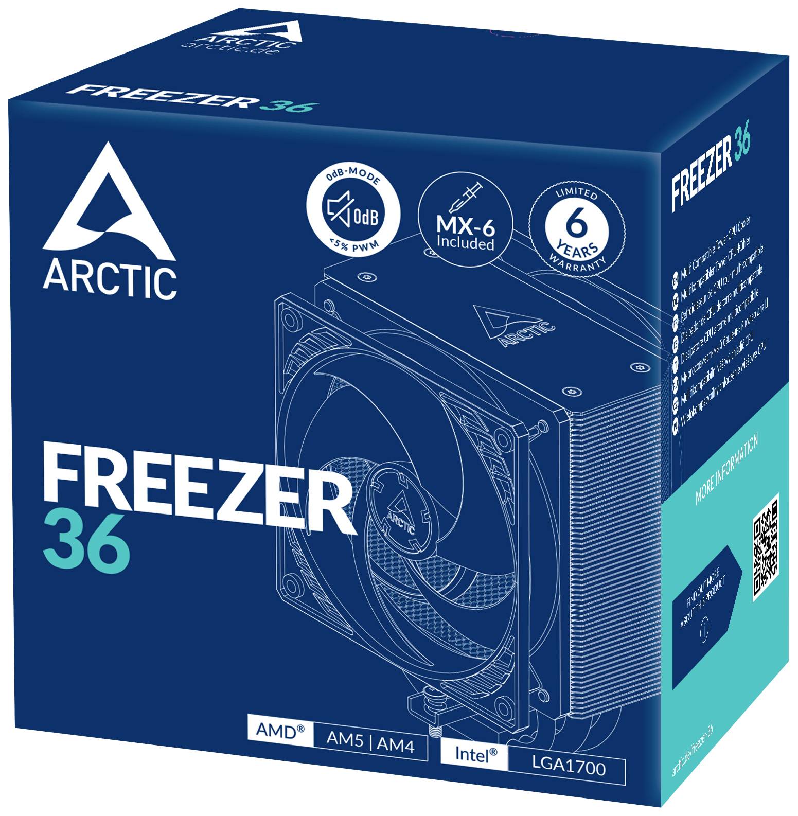 'ARCTIC Freezer 36' CPU-Kühler-Verpackung, hebt Kompatibilität mit AMD und Intel, 0dB-Modus, MX-6 Wärmeleitpaste, 6 Jahre Garantie hervor.