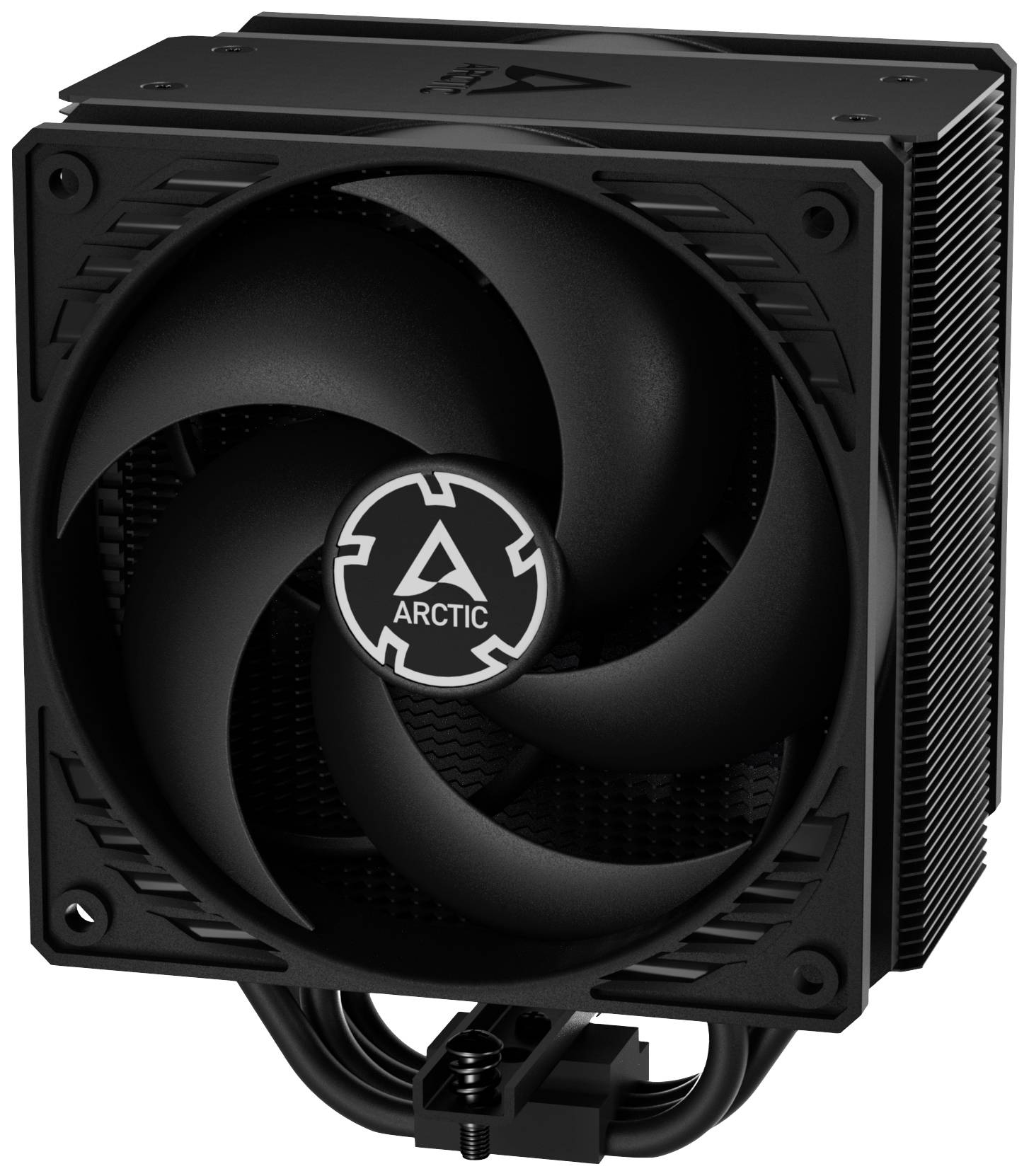 Sschwarzer CPU-Kühler mit markantem Lüfter und Arctic-Logo, geeignet für computerbasierte Kühlung in leistungsstarken Systemen.