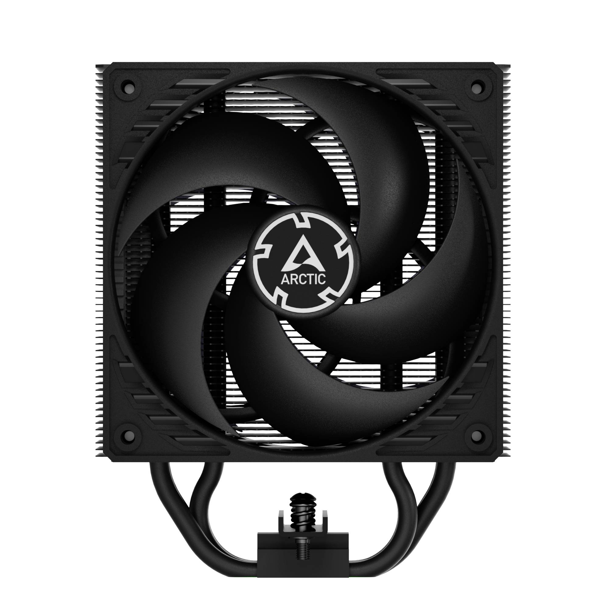 Schwarzer CPU-Kühler mit großem Lüfter und 'Arctic'-Logo in der Mitte, geeignet zur Kühlung von Computerprozessoren.