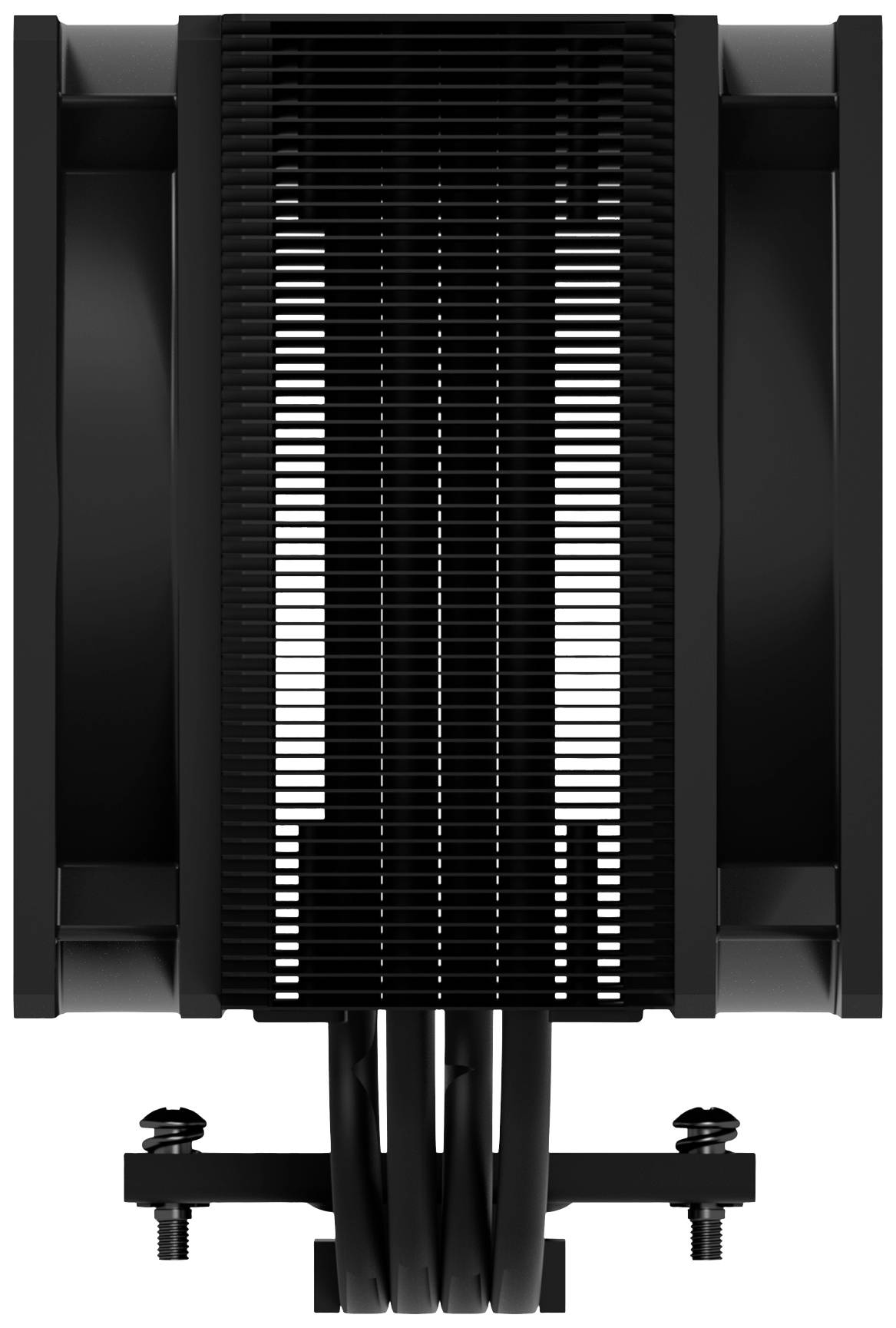 Schwarzer CPU-Kühler mit zwei Lüftern und mehreren Kühlrippen, von vorne sichtbar.