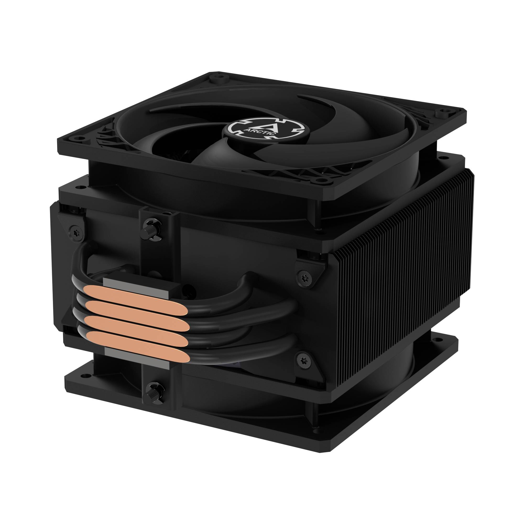 Ein quadratischer, schwarzer PC-Kühler mit zwei Lüftern und mehreren Kupfer-Heatpipes zur Kühlung von Computerprozessoren.