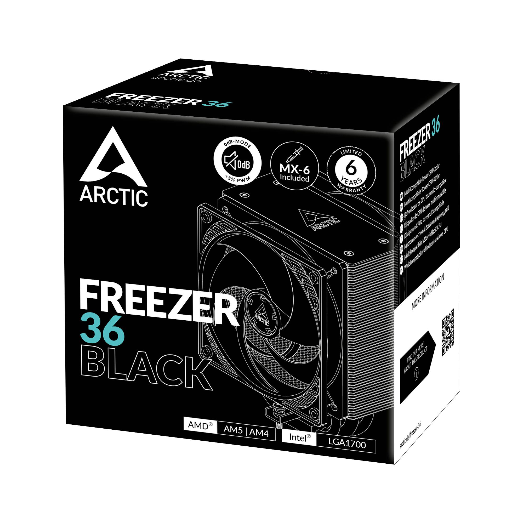 Schwarzer Freezer 36 CPU-Kühler von Arctic, leise Lüfter, geeignet für AMD AM5/AM4, Intel LGA1700, 6 Jahre Garantie.
