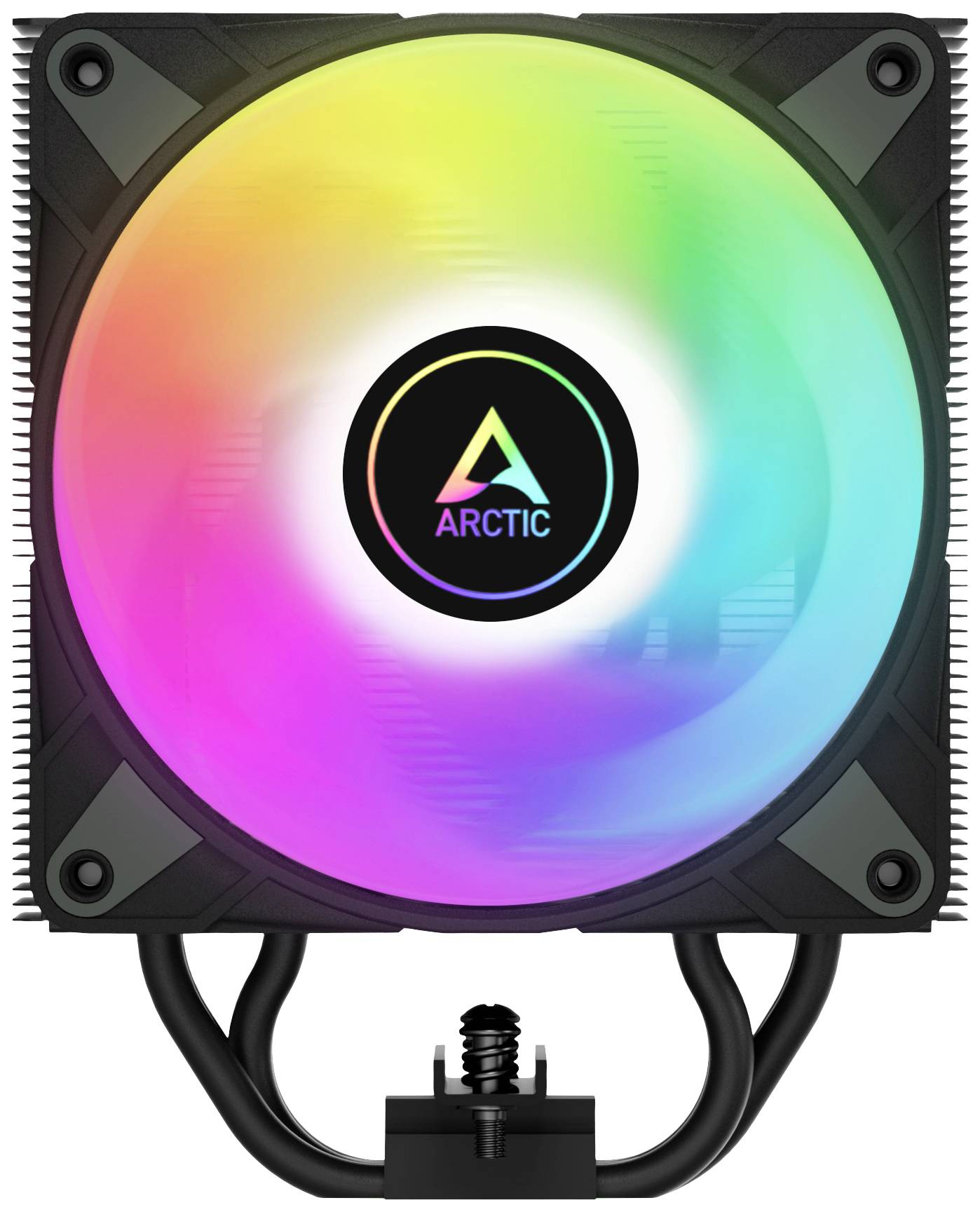 Ein bunter, beleuchteter PC-Lüfter mit dem Logo 'Arctic' in der Mitte. Der Lüfter zeigt ein Farbverlauf-Spektrum von Orange bis Blau.
