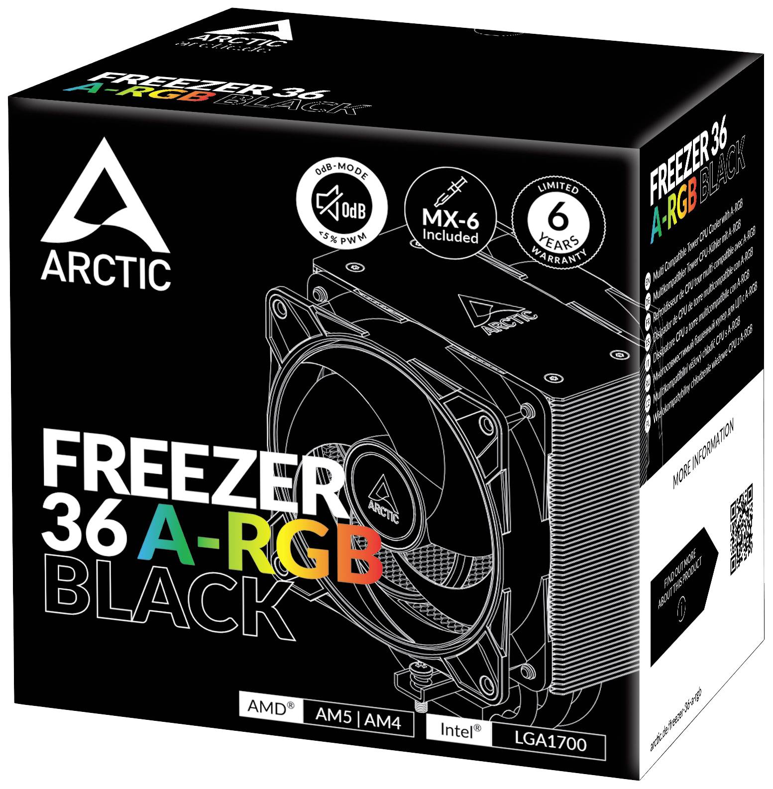 Schwarze Produktverpackung des 'Arctic Freezer 36 A-RGB Black', ein CPU-Kühler mit leiser Leistung und sechs Jahren Garantie. Kompatibel mit AMD und Intel.