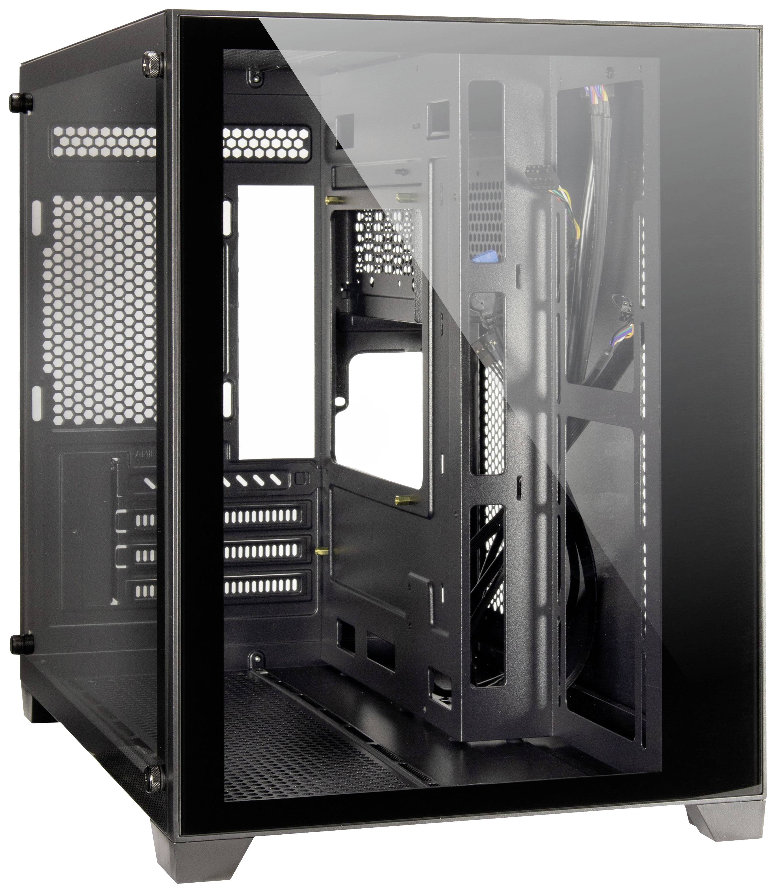Geräumiges, leeres Computergehäuse mit Glasfront und Seitenpanel, bietet vielseitige Montagemöglichkeiten für PC-Komponenten.