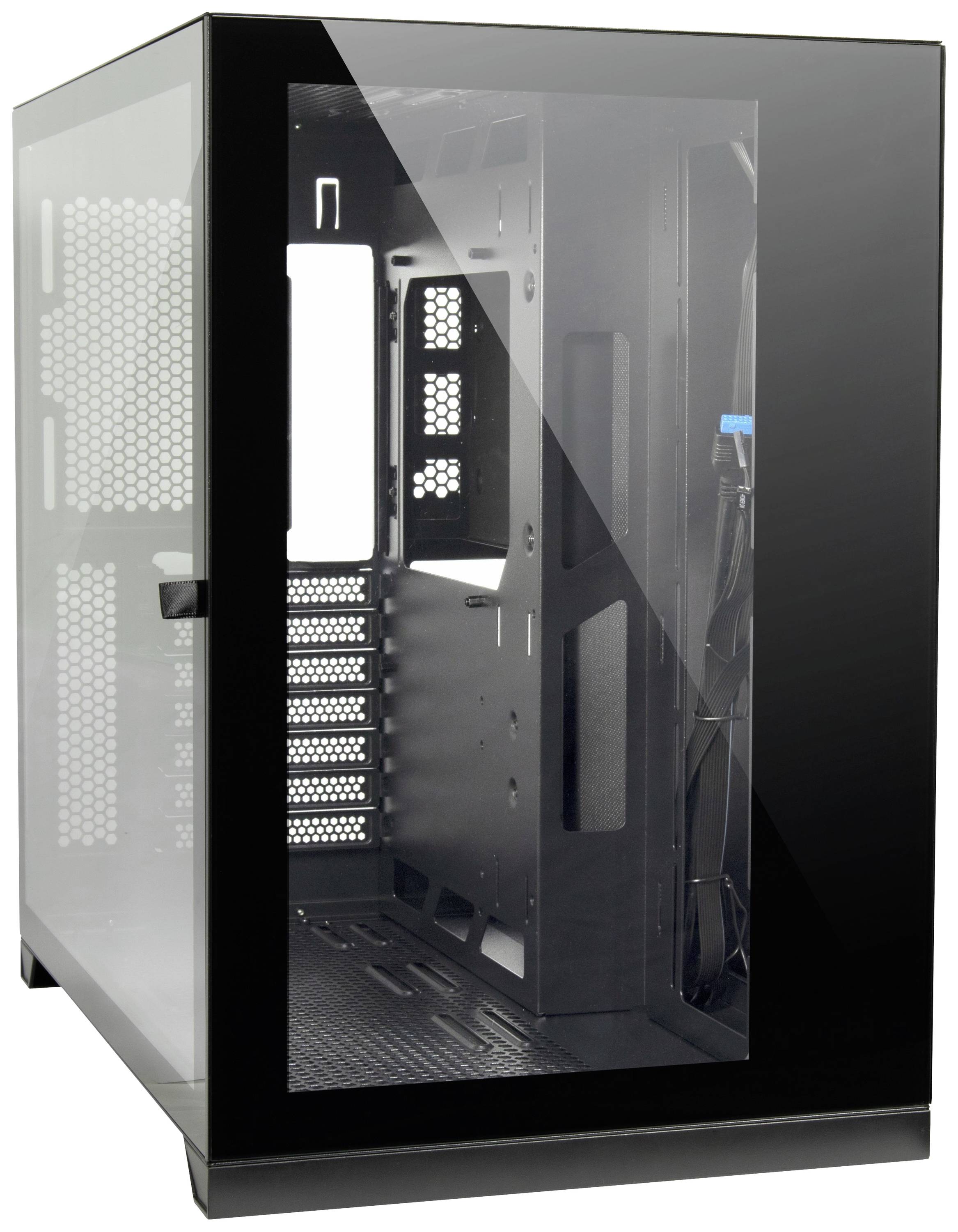 Ein leerer schwarzer PC-Tower mit Glasfront und Gitterseitenwänden, geeignet für den Einbau von Computerkomponenten.