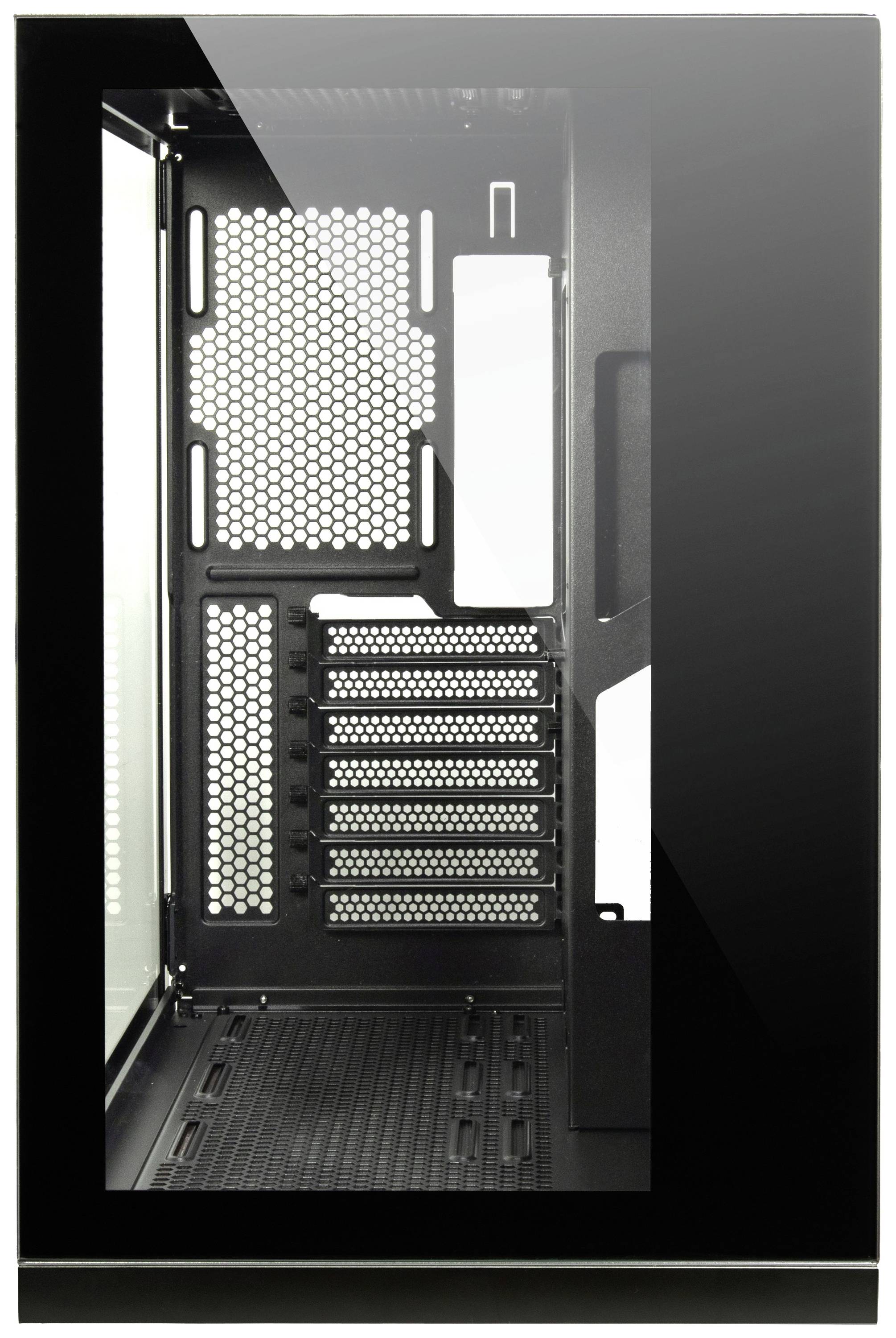 PC-Gehäuse in Schwarz, mit transparentem Seitenfenster. Innenansicht zeigt Platz für Hardware-Komponenten und belüftete Rückwand.