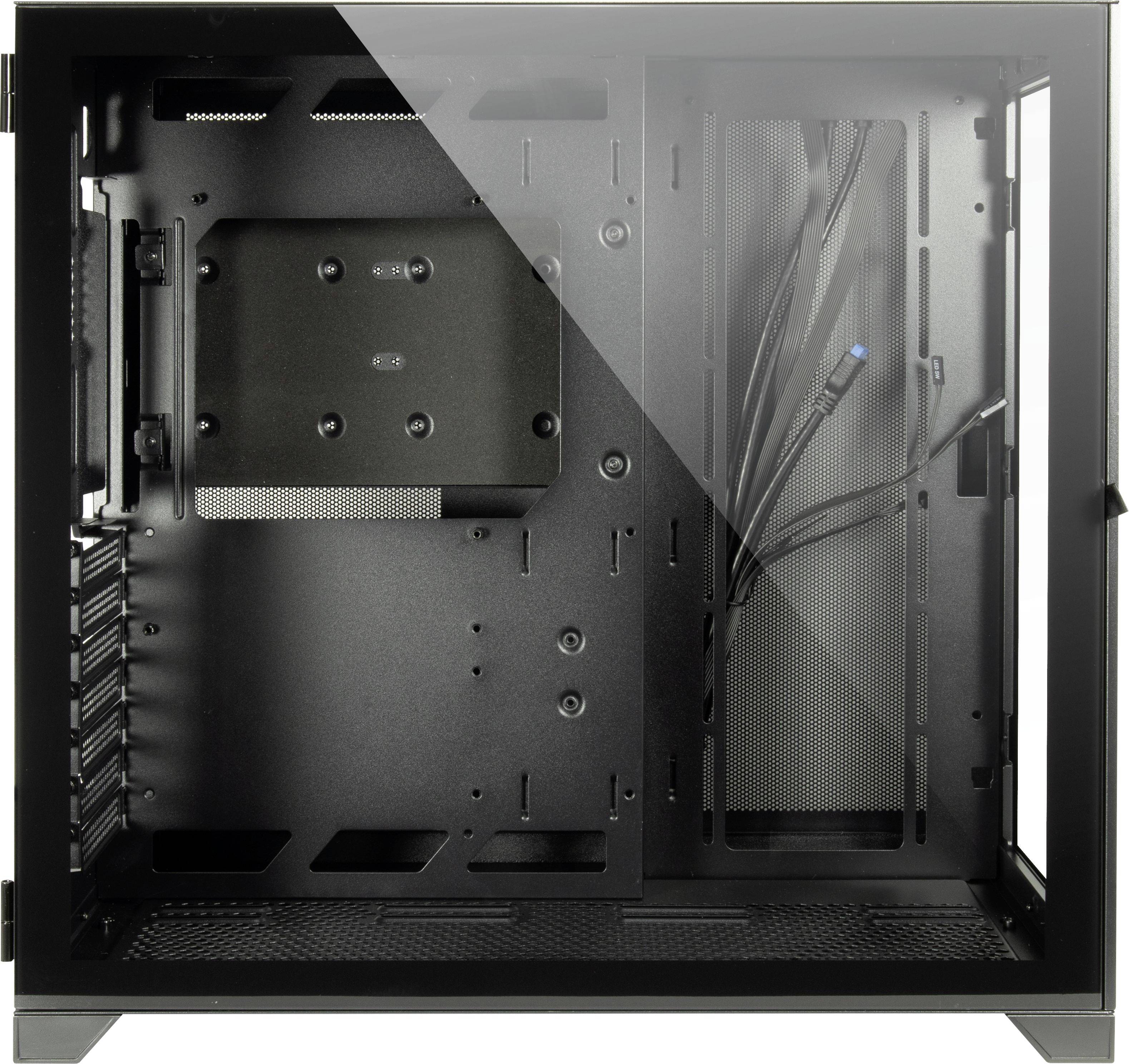 Offenes PC-Gehäuse mit sichtbarem Innenraum, Kabel für den Einbau von Computerkomponenten. Links Platz für Hauptplatine, rechts Kabelmanagement.