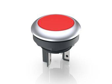 Roter runder Druckknopf mit silbernem Rand und zwei Anschlussklemmen, geeignet für elektronische Steuerungen oder Geräte.