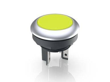 Ein runder, gelber Druckknopf mit silbernem Rand und zwei Anschlussklemmen, geeignet für elektronische Geräte.