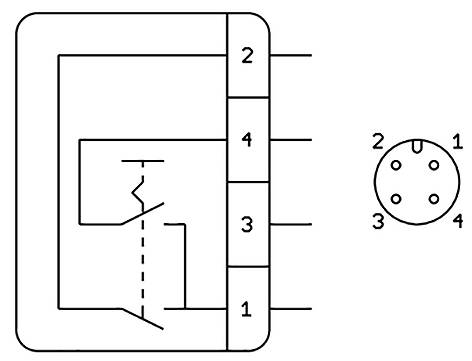 Relais-Schaltplan mit Steckkonfiguration: 1 bis 4. Links zeigt das Relaisspulen- und Schaltdiagramm; rechts zeigt die Stiftanordnung in einem 4-poligen Layout.