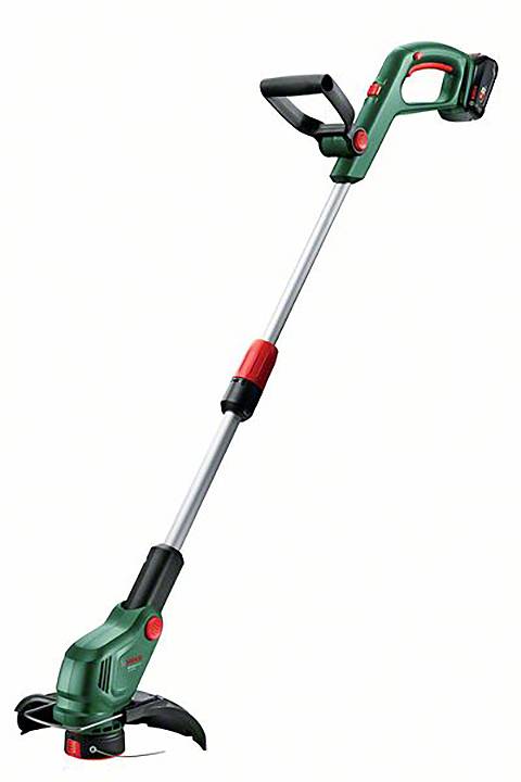 Ein kabelloser Rasentrimmer mit grünem Griff und schwarzem Schutzschild, ideal für das Schneiden von Gras an schwer erreichbaren Stellen.