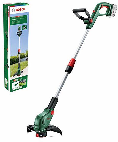 Ein grüner Bosch Rasentrimmer mit einem langen Griff und Akku; kommt in einer Verpackung, die links abgebildet ist. Ideal für präzise Rasenkanten.