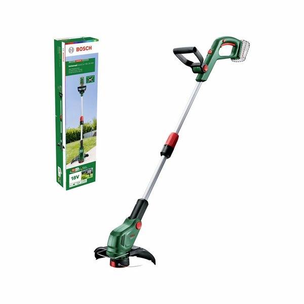 Ein grüner Akku-Rasentrimmer von Bosch mit ergonomischem Griff, verstellbarem Stab und Messerschutz; Verpackung zeigt Produktabbildung.