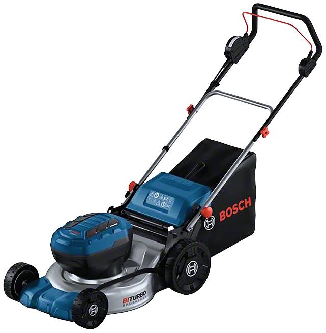 Ein elektrischer Rasenmäher mit grünem Gehäuse und schwarzem Fangkorb, Markenname 'Bosch' sichtbar, geeignet für mittelgroße Gärten.