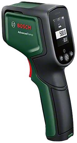 Ein Bosch Infrarot-Thermometer mit digitalem Display misst Temperaturen. Das Display zeigt '500.0' an.